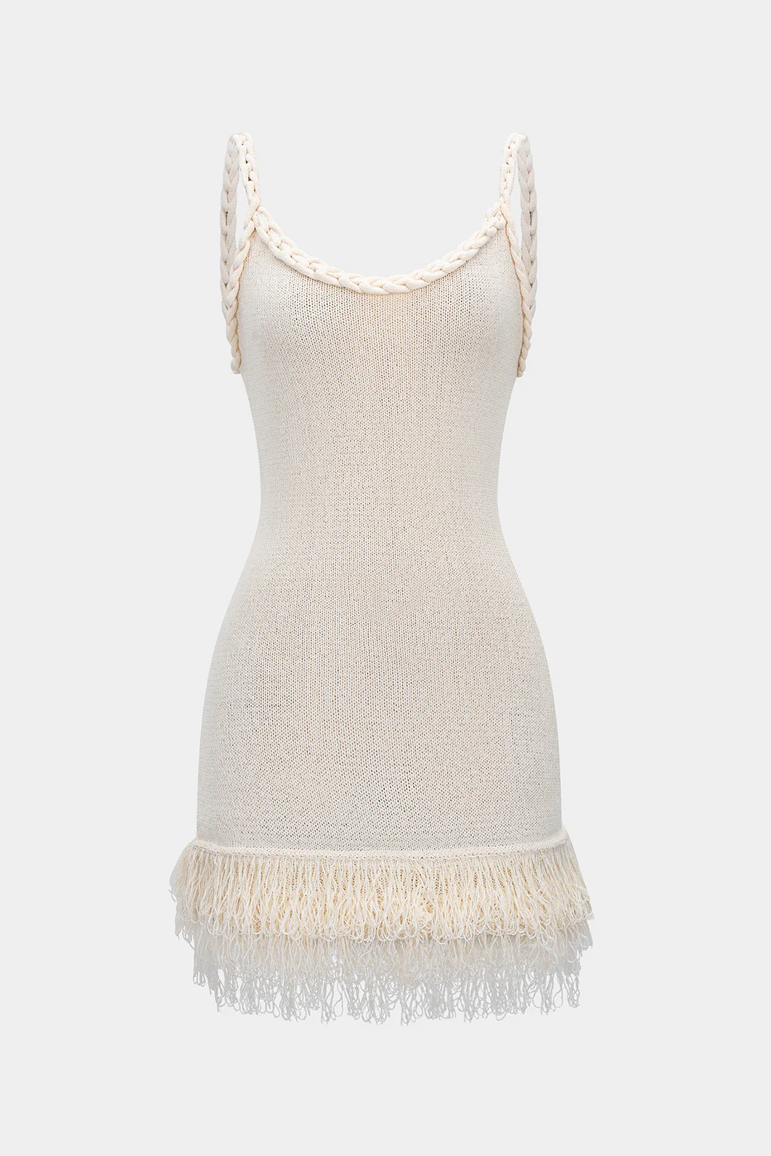 Knit Fringe Braided Backless Slip Sleeveless Dress - Weenar