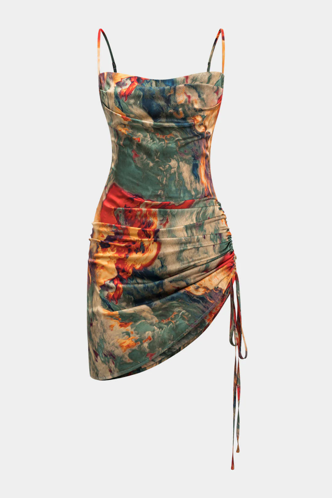 Watercolor Print Satin Ruched Drawstring Slip Mini Dress - Weenar