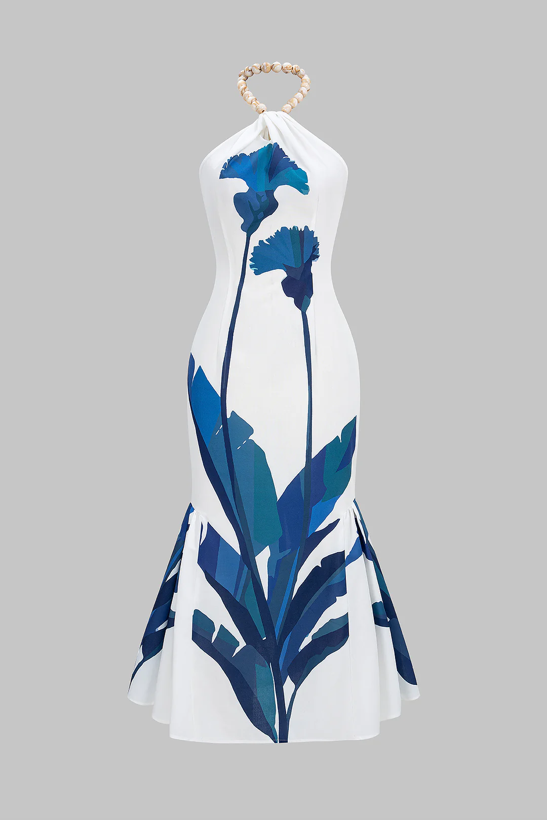 Branches Print Halter Neck Ruched Sleeveless Maxi Dress - Weenar