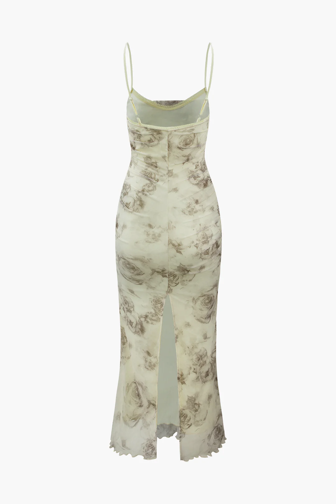 Floral Print Mesh Backless Ruched Slit Midi Dress - Weenar