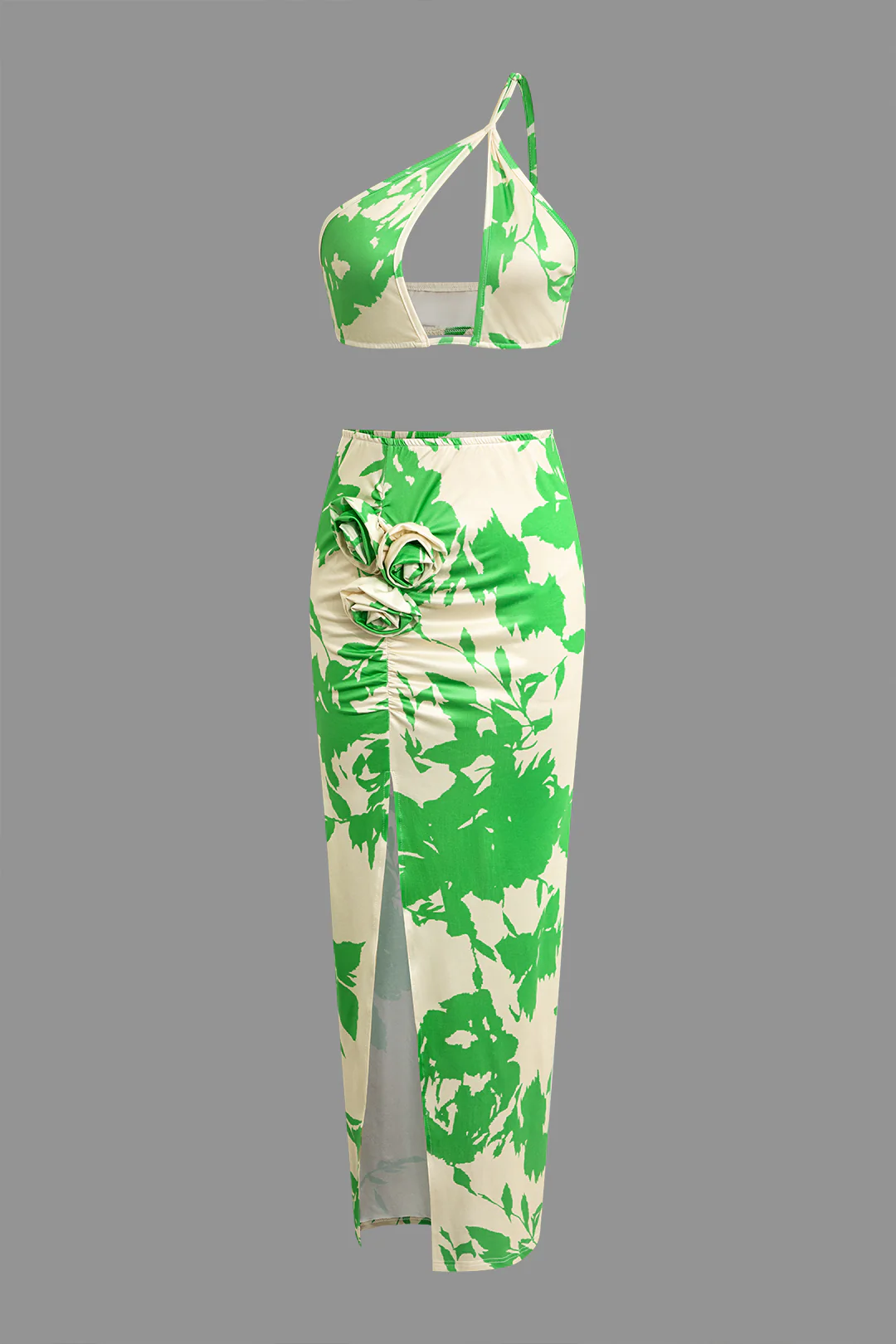 Floral Print One Shoulder Cami Top And 3D Flower Decor High Slit Skirt Set - Weenar