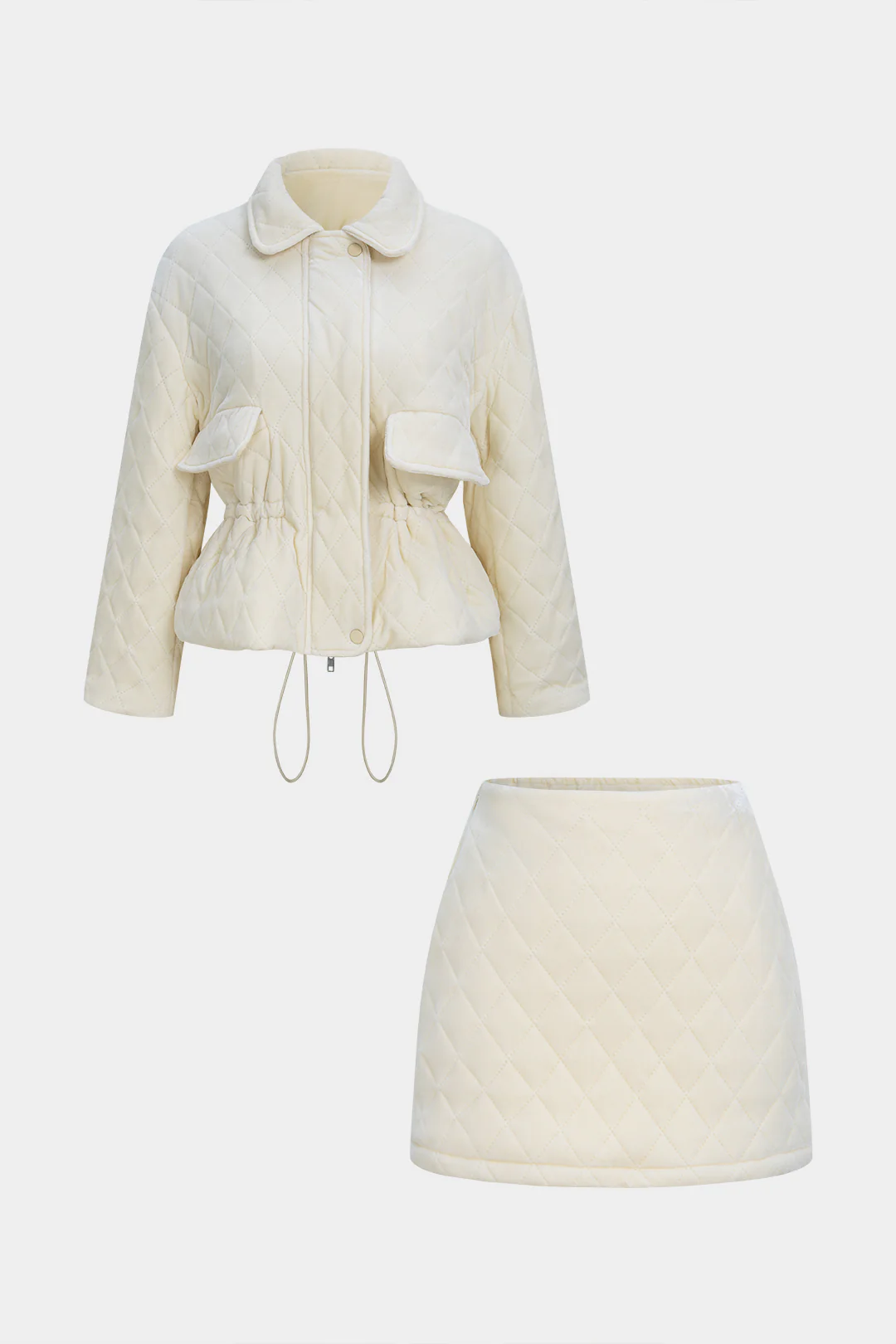 Quilted Velvet Zipper Jacket And Mini Skirt Set - Weenar
