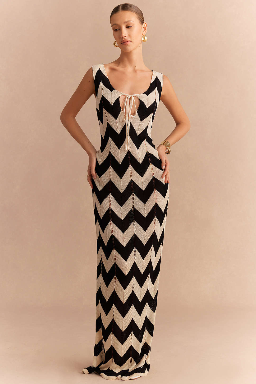Knit Contrast Tie-Up Sleeveless Dress - Weenar