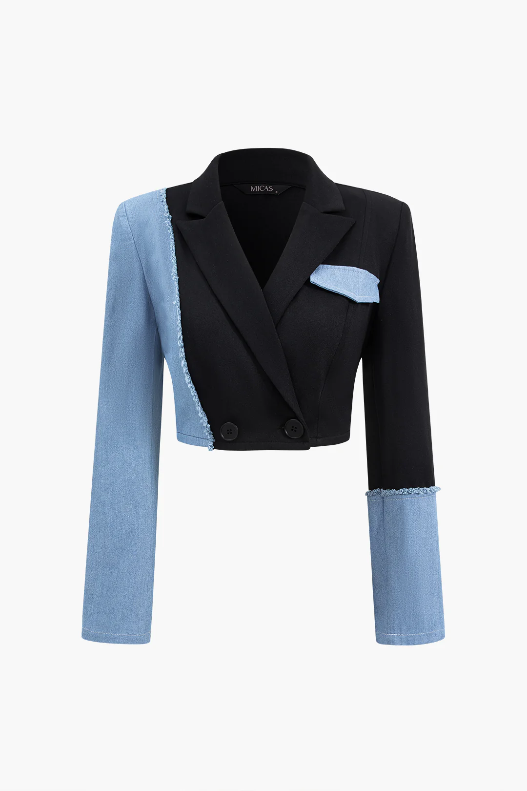 Patchwork Denim Notched Lapel Blazer And Skirt Set - Weenar