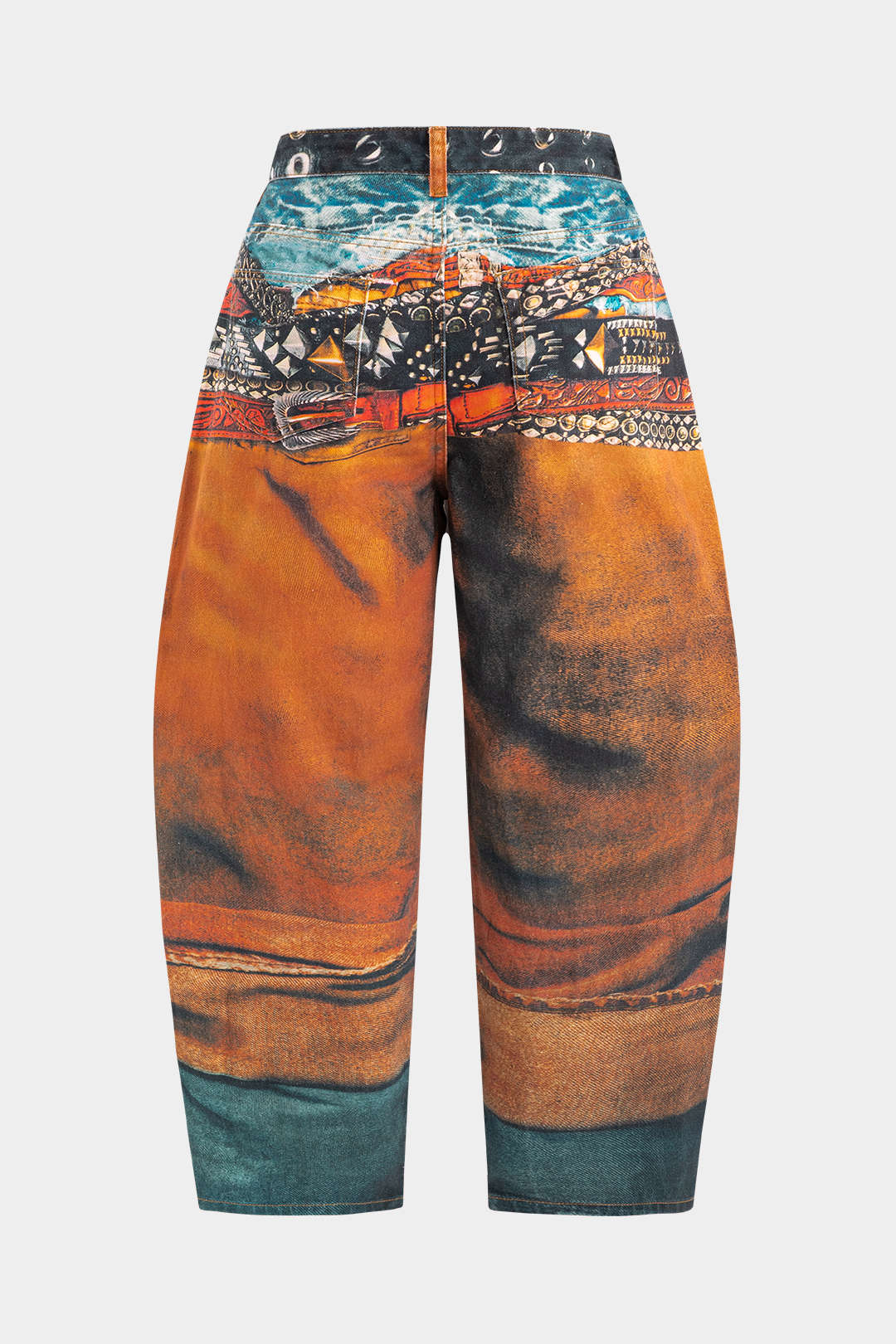 Plus Size Abstract Print Denim Zipper Detail High Waist Barrel Pants - Weenar