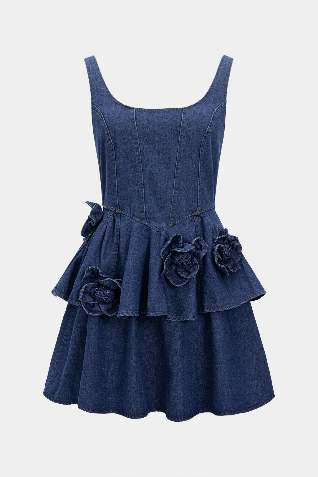 Denim 3D Floral Decor Strap Sleeveless Dress - Weenar