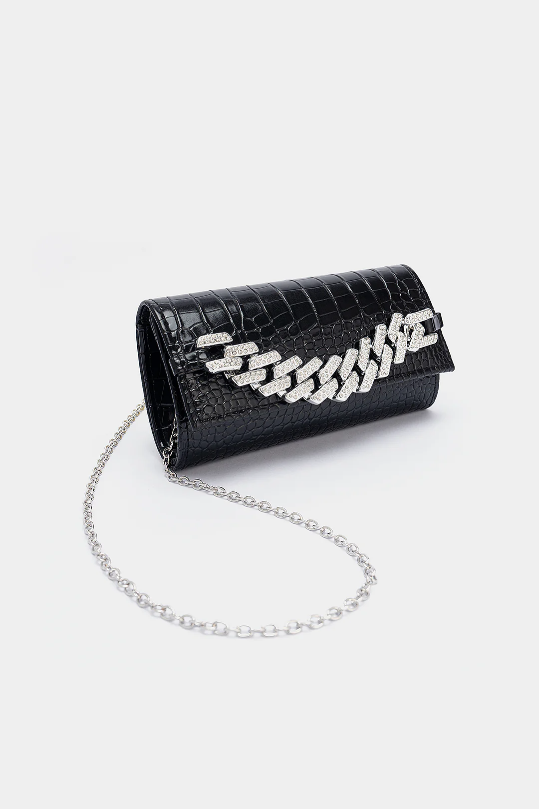 Croc Print Faux Leather Rhinestone Decor Meatllic Chain Cross-Body Bag - Weenar