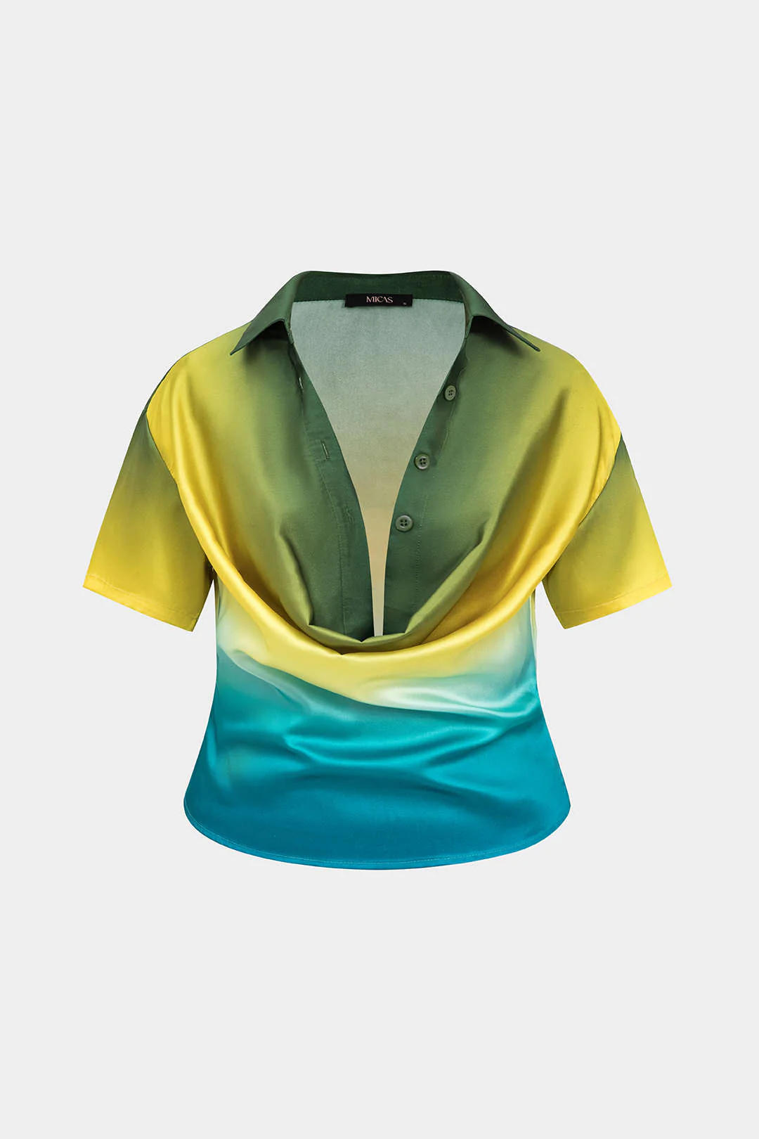 Plus Size Ombre Print Satin Button Short-Sleeve Shirt - Weenar
