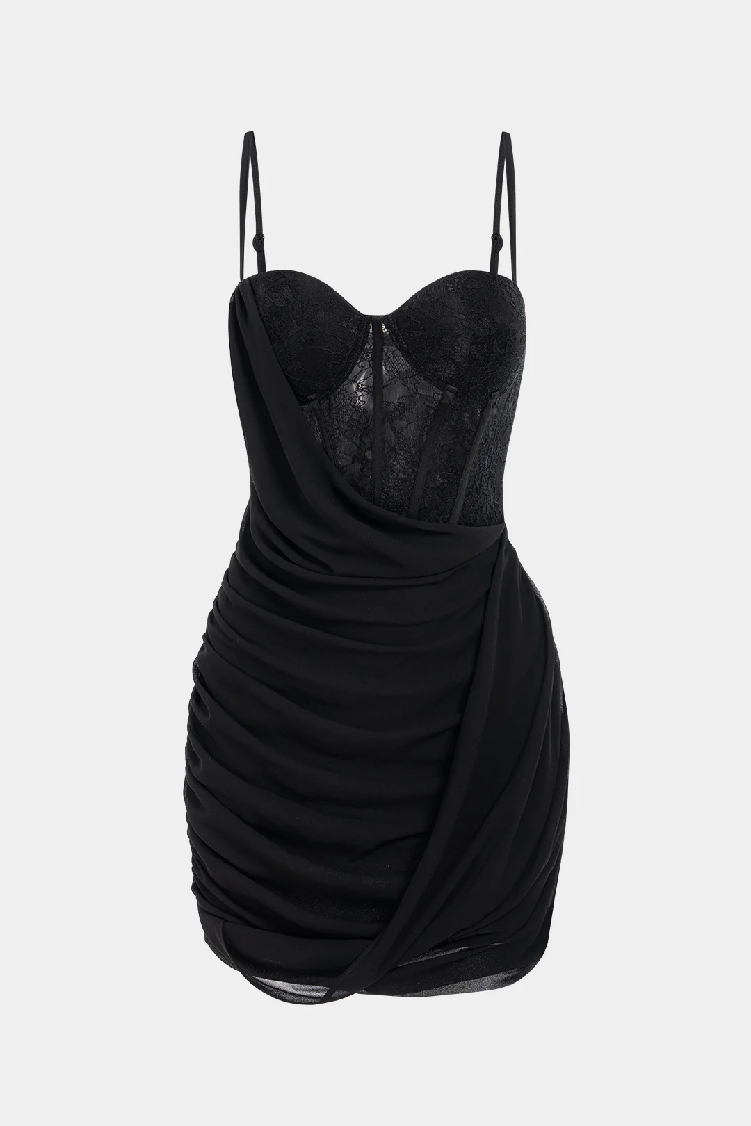 Chiffon Patchwork Lace Corset Asymmetrical Ruched Sleeveless Mini Dress - Weenar