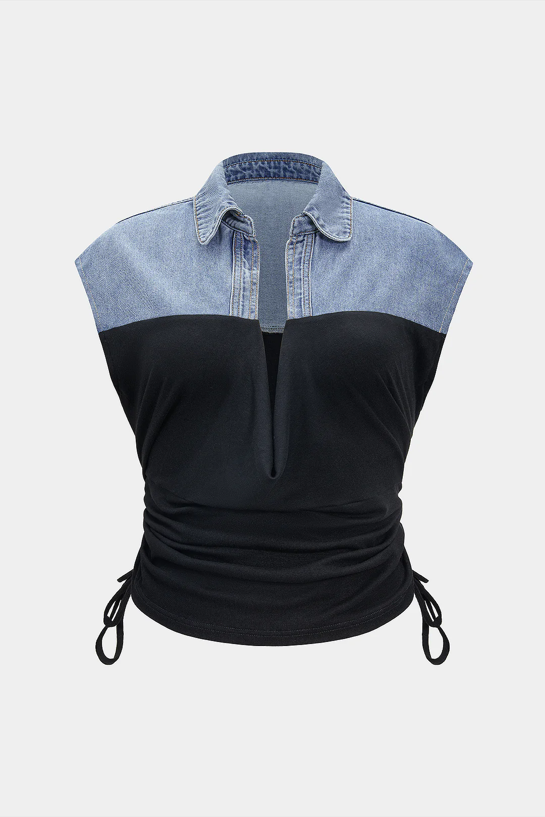 Plus Size Denim Drawstring Patchwork Crop Top - Weenar