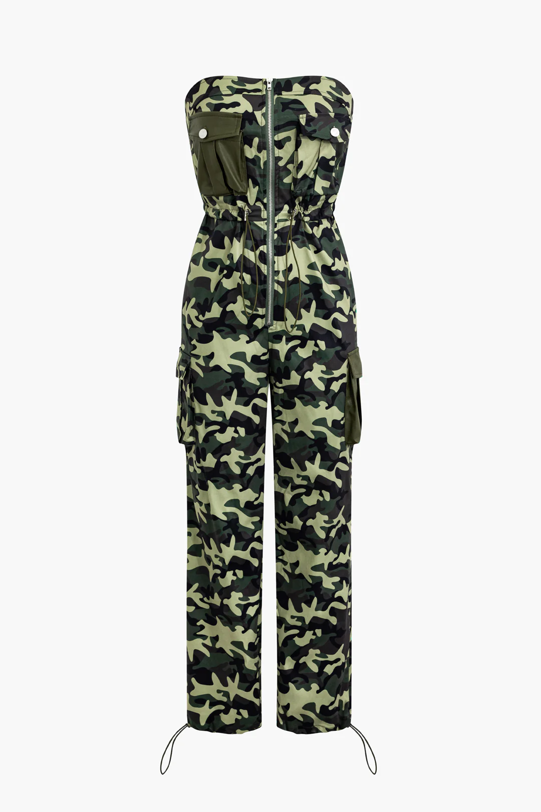 Camo Print Zipper Ruched Sleeveless Jumpsuit - Weenar