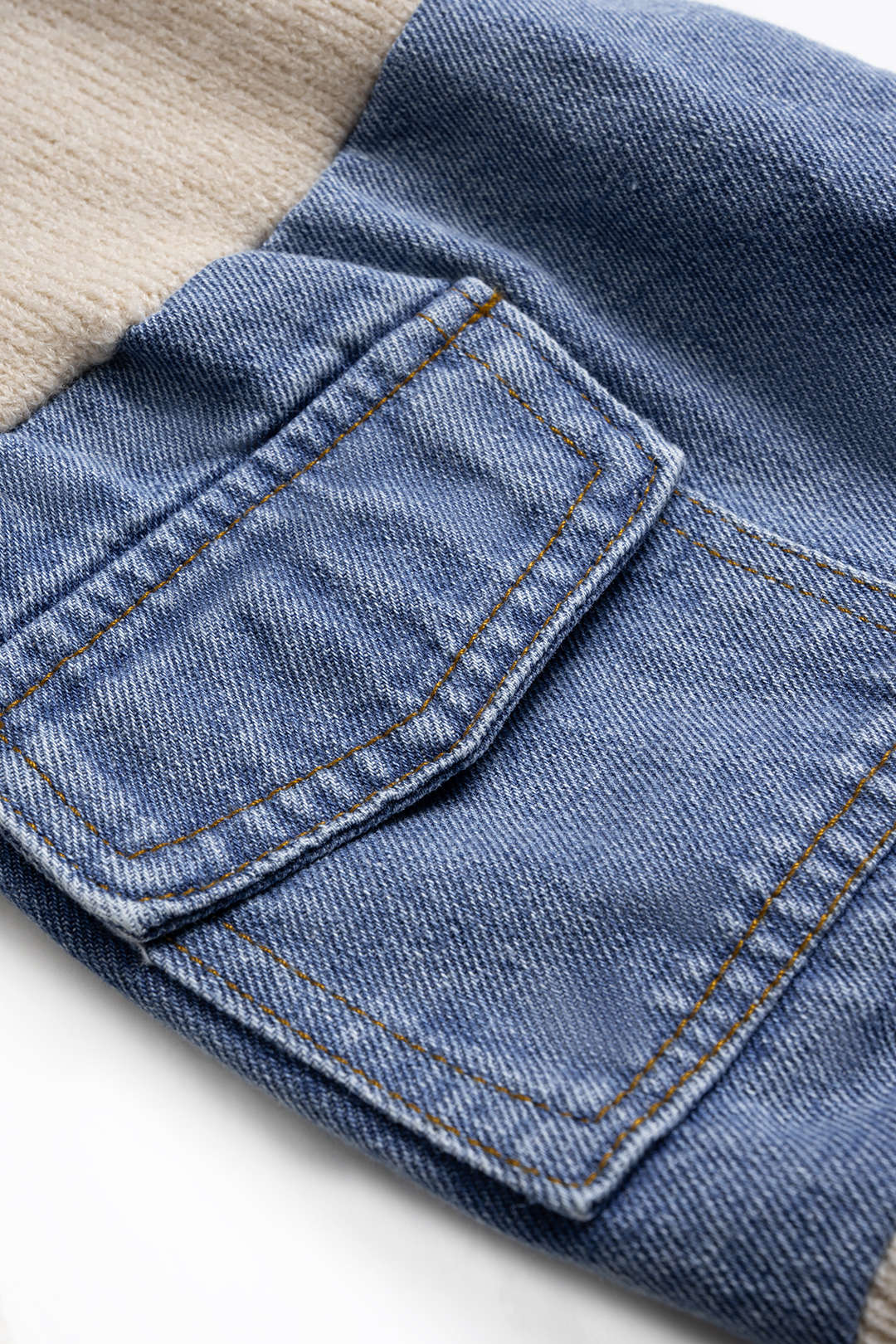 Knit Denim Patchwork Contrast Ribbed Long-Sleeve Top - Weenar