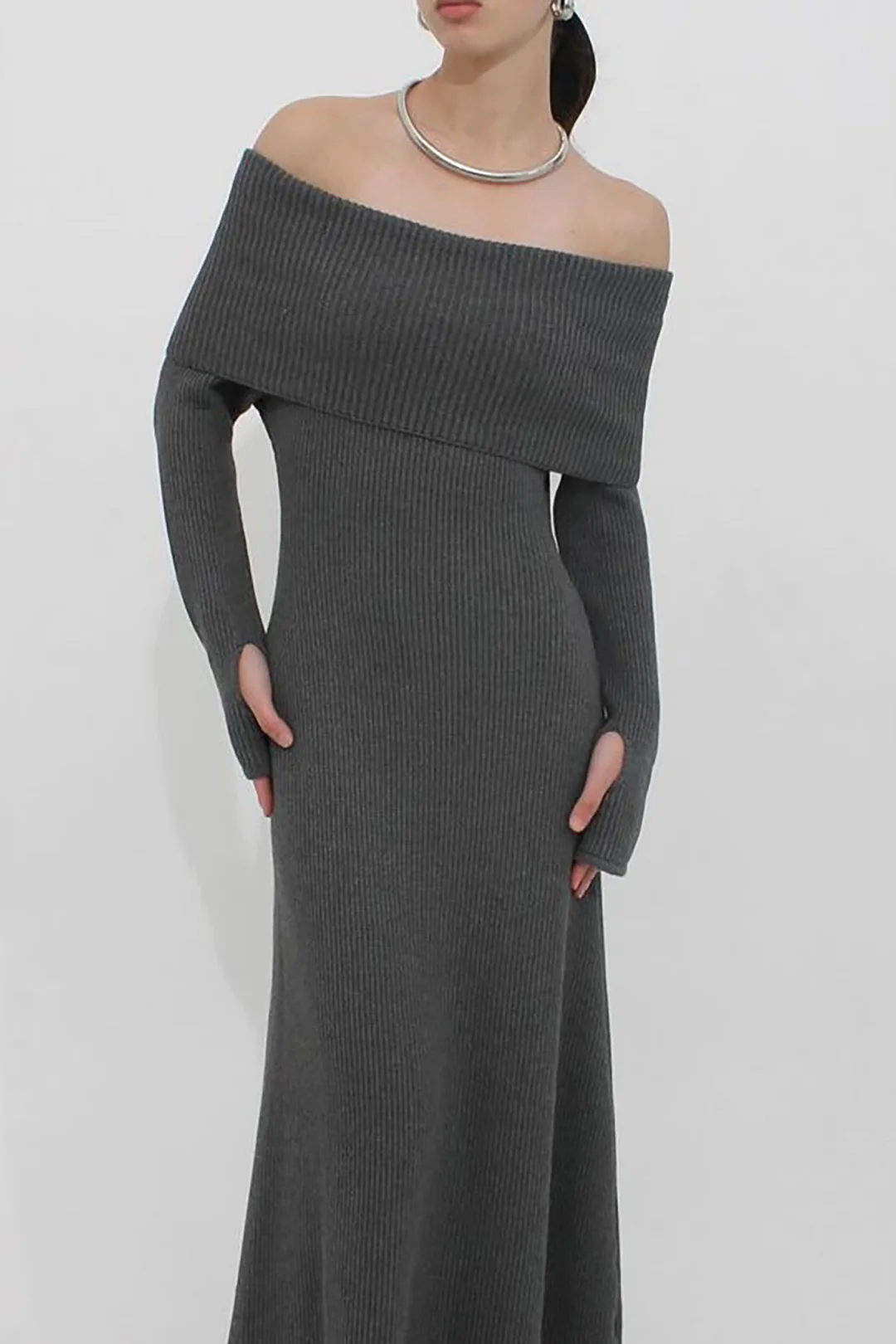 Knit Off-Shoulder Long Sleeve Dress - Weenar