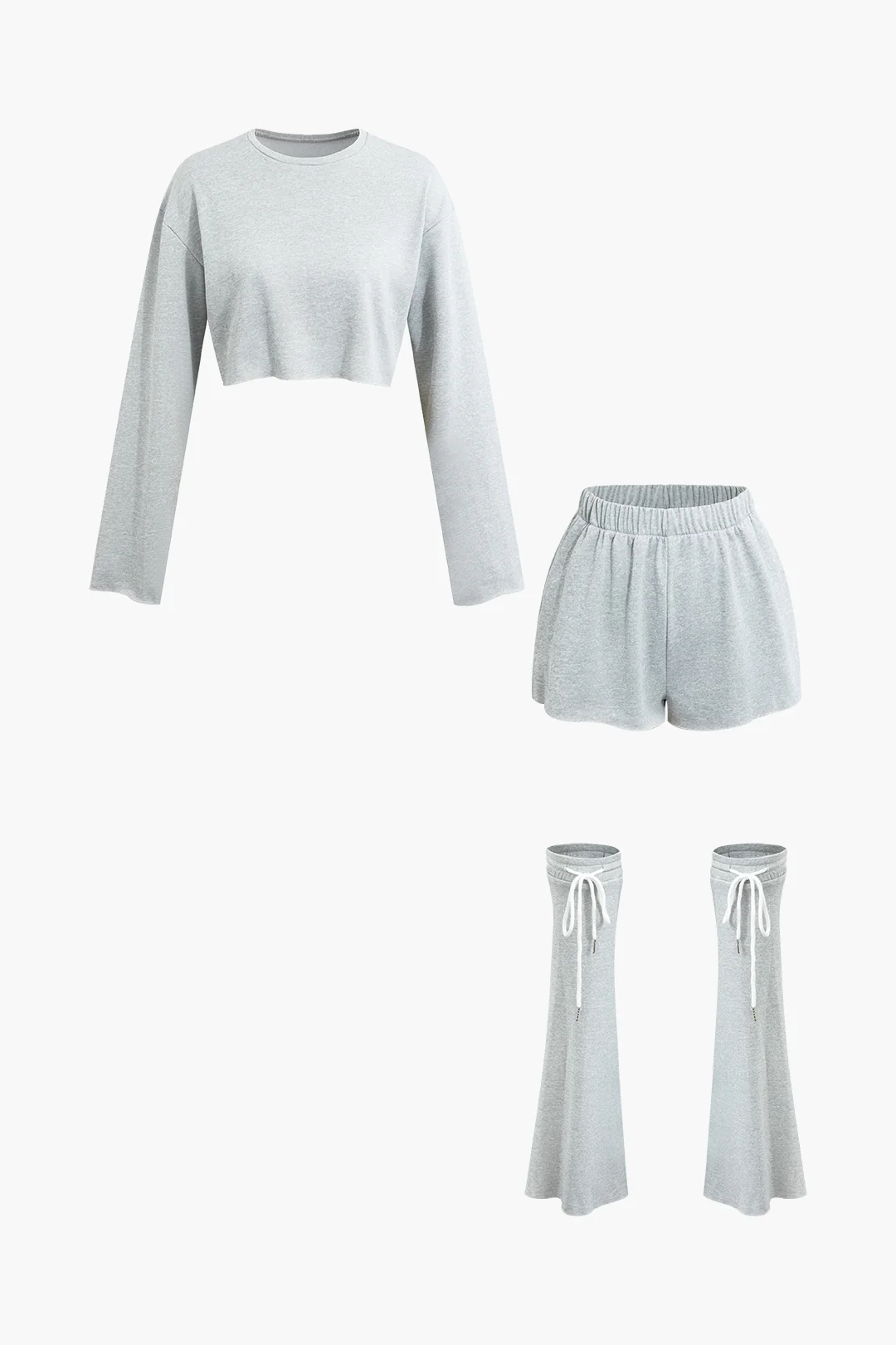 3PC Solid Long Sleeve Top And Tie-Up Leg Shorts Set - Weenar
