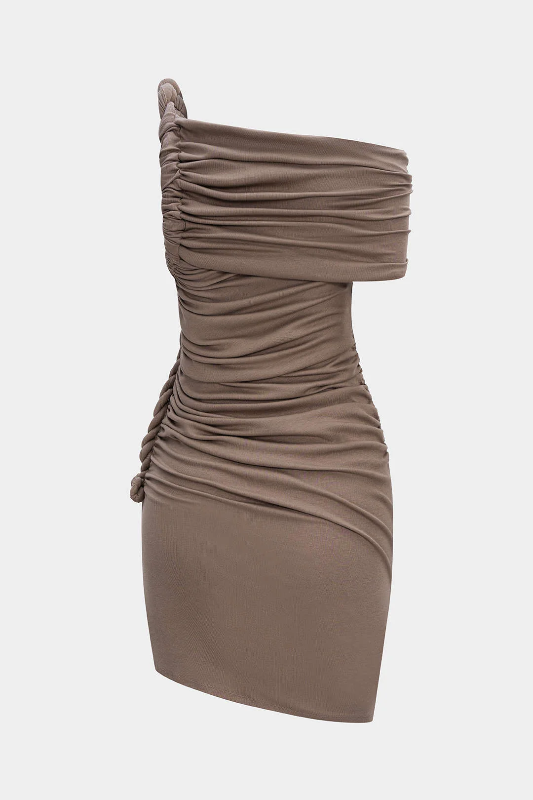 Ruched Twist Knot One Shoulder Short Sleeve Mini Dress - Weenar