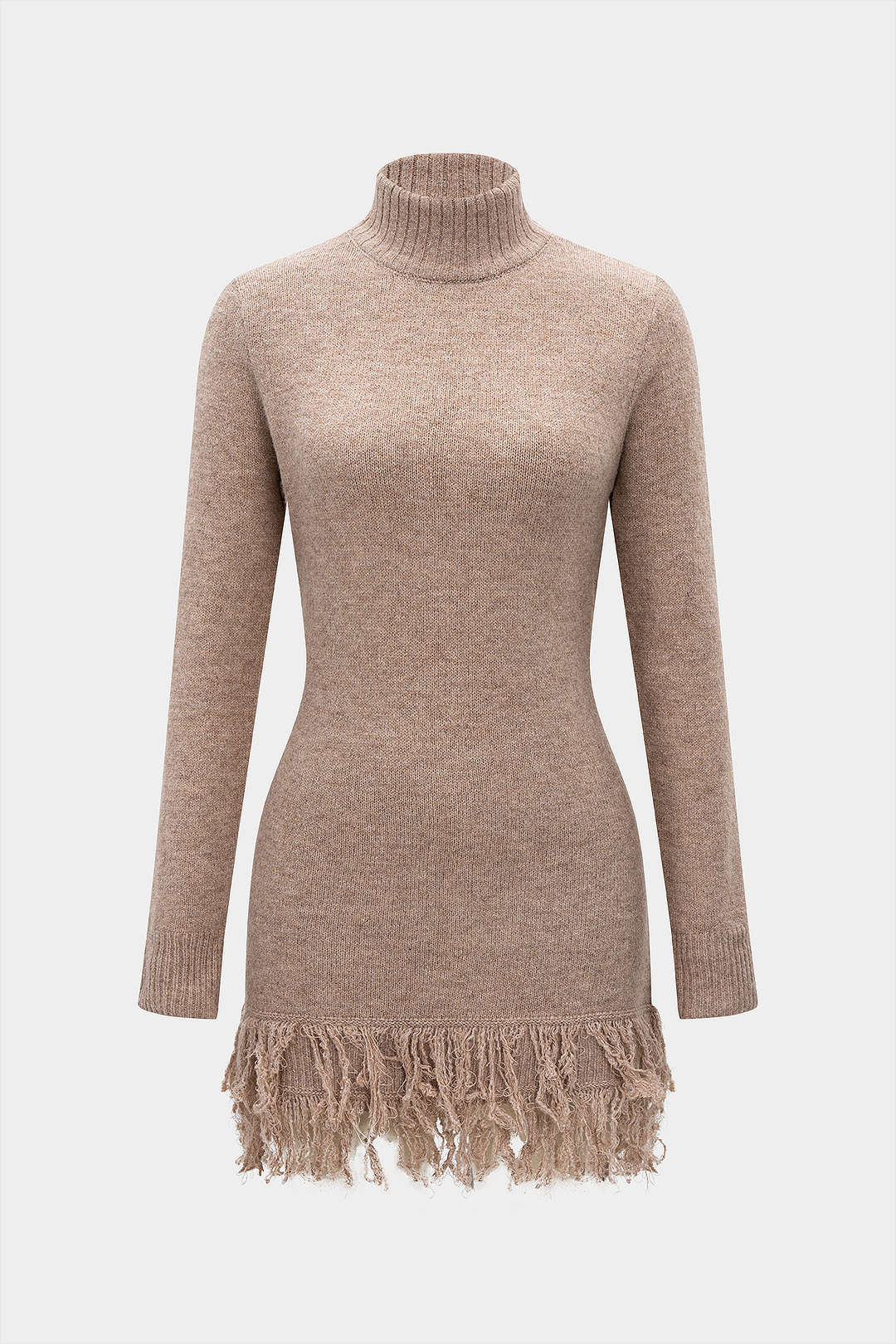 Knit Fringe Mock Neck Long Sleeve Dress - Weenar