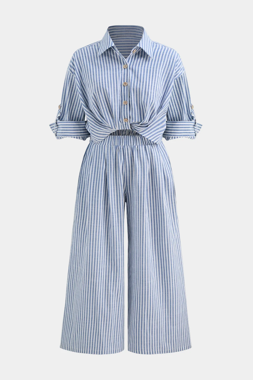 Plus Size Stripes Print Lapel Button Ruched Short-Sleeve Top And Wide Leg Pants Set - Weenar