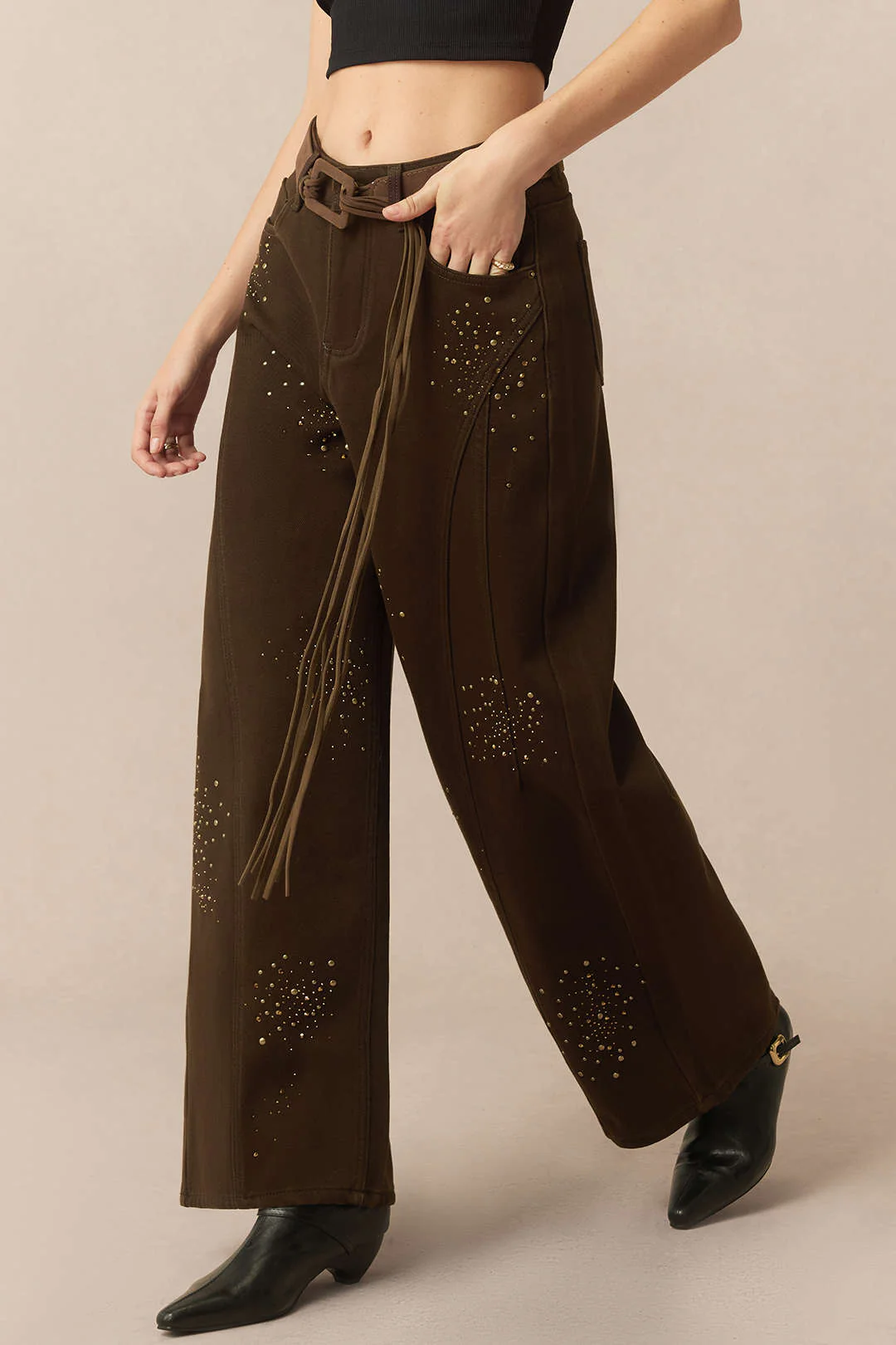 Denim Rhinestone Cecor Blted Wide Leg Jeans - Weenar