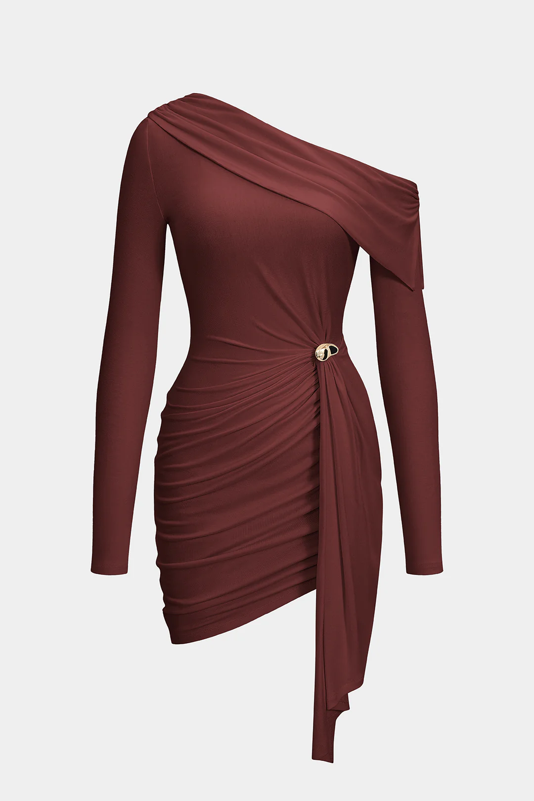 Metallic Ruched One Shoulder Long Sleeve Midi Dress - Weenar