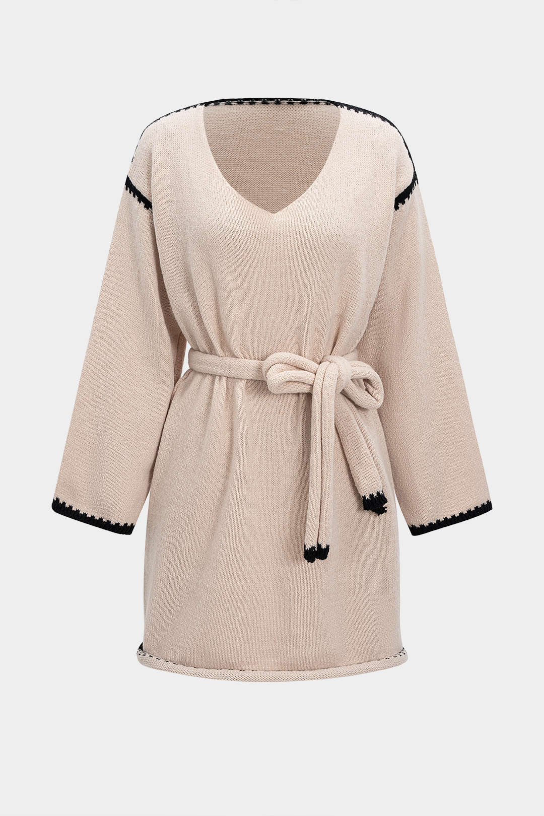 Knit V-Neck Contrast Binding Tie-Up Long Sleeve Dress - Weenar