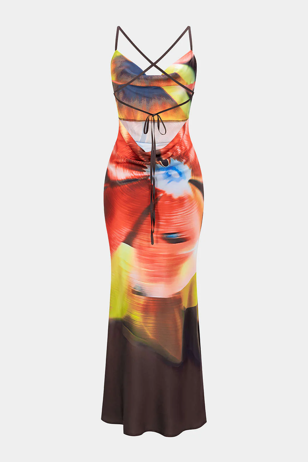 Tie Dye Print Satin Draped Cowl Neck Sleeveless Maxi Dress - Weenar