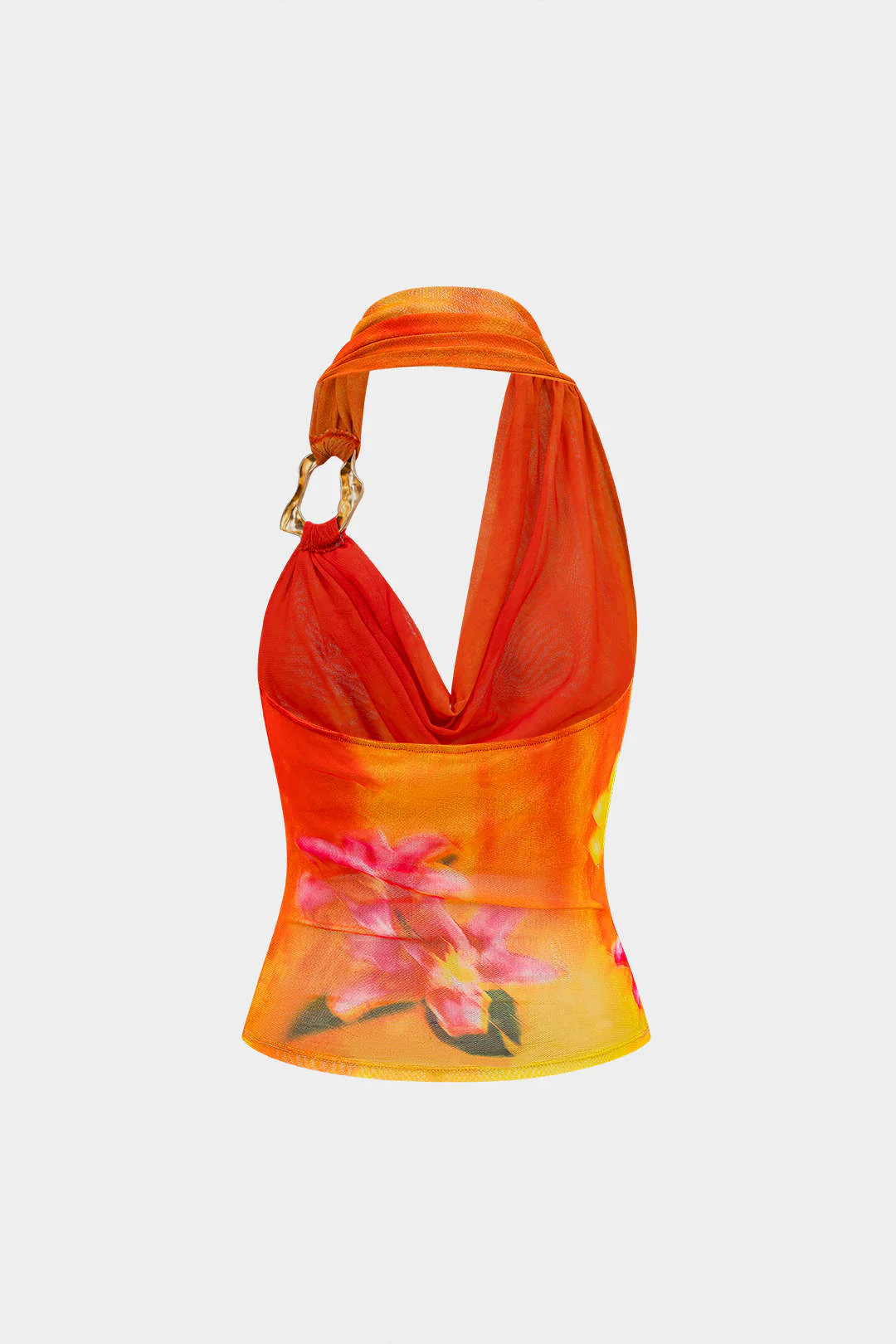 Floral Print Mesh Asymmetrical Ruched Cami Top - Weenar