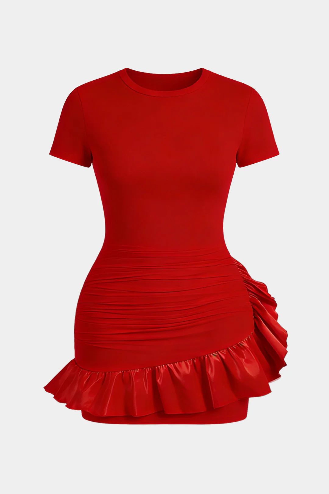 Plus Size Satin Patchwork Round Neck Asymmetrical Short Sleeve Mini Dress - Weenar