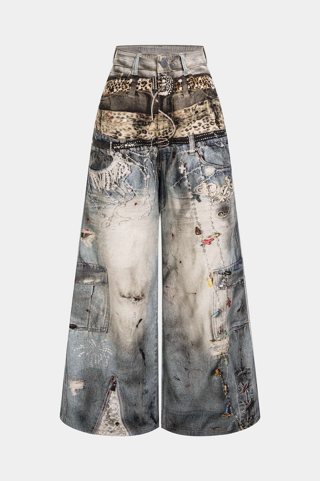 Artistic Denim Print Button Pocket Straight Leg Pants - Weenar