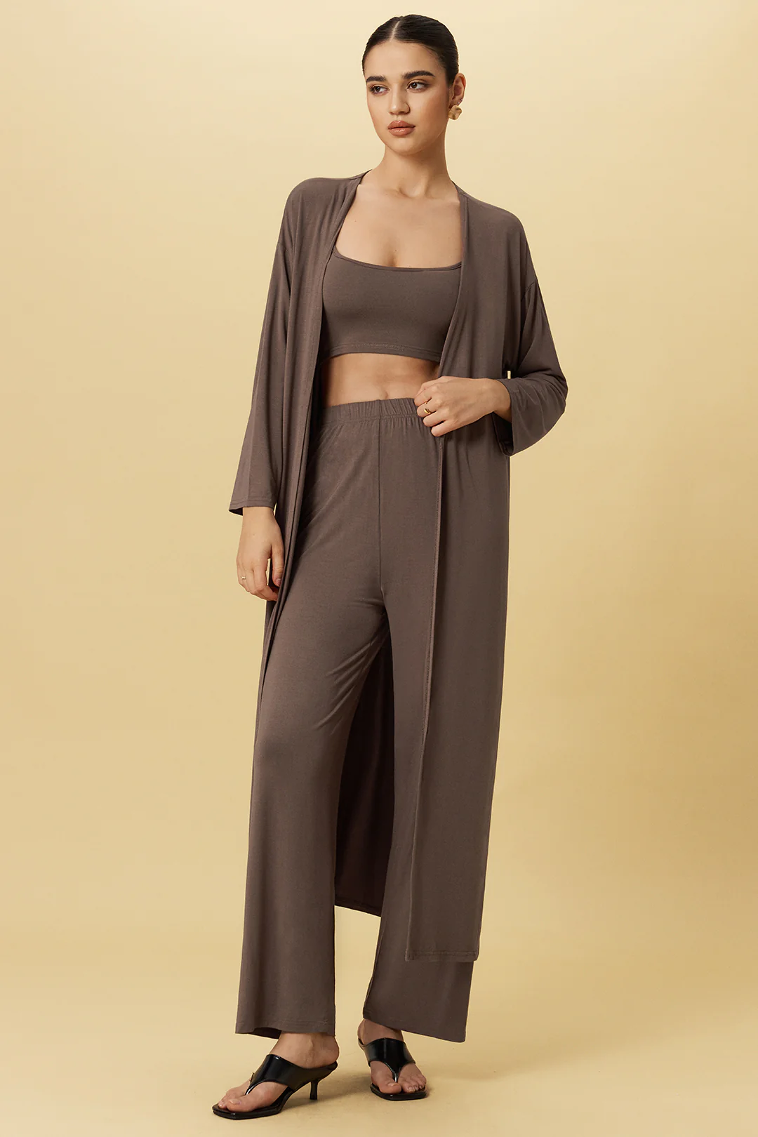 Basic Solid Cami Top And Long-Sleeve Cardigan And Trousers Set - Weenar