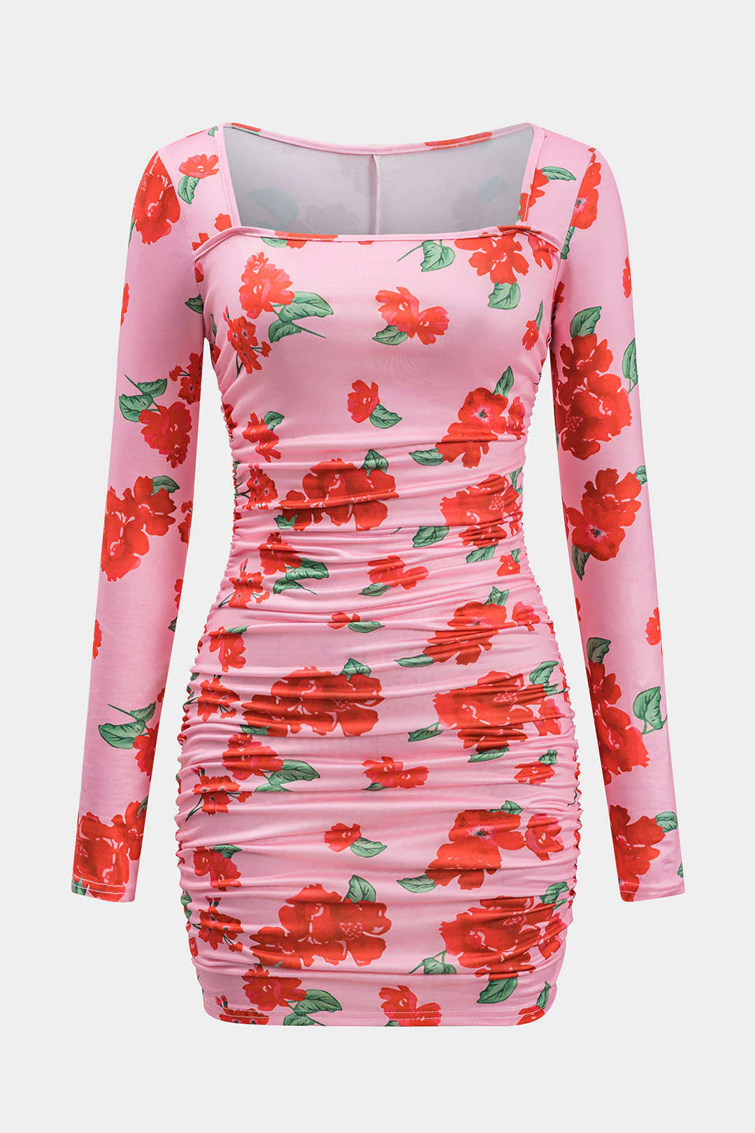 Floral Print Square Neck Ruched Long Sleeve Mini Dress - Weenar