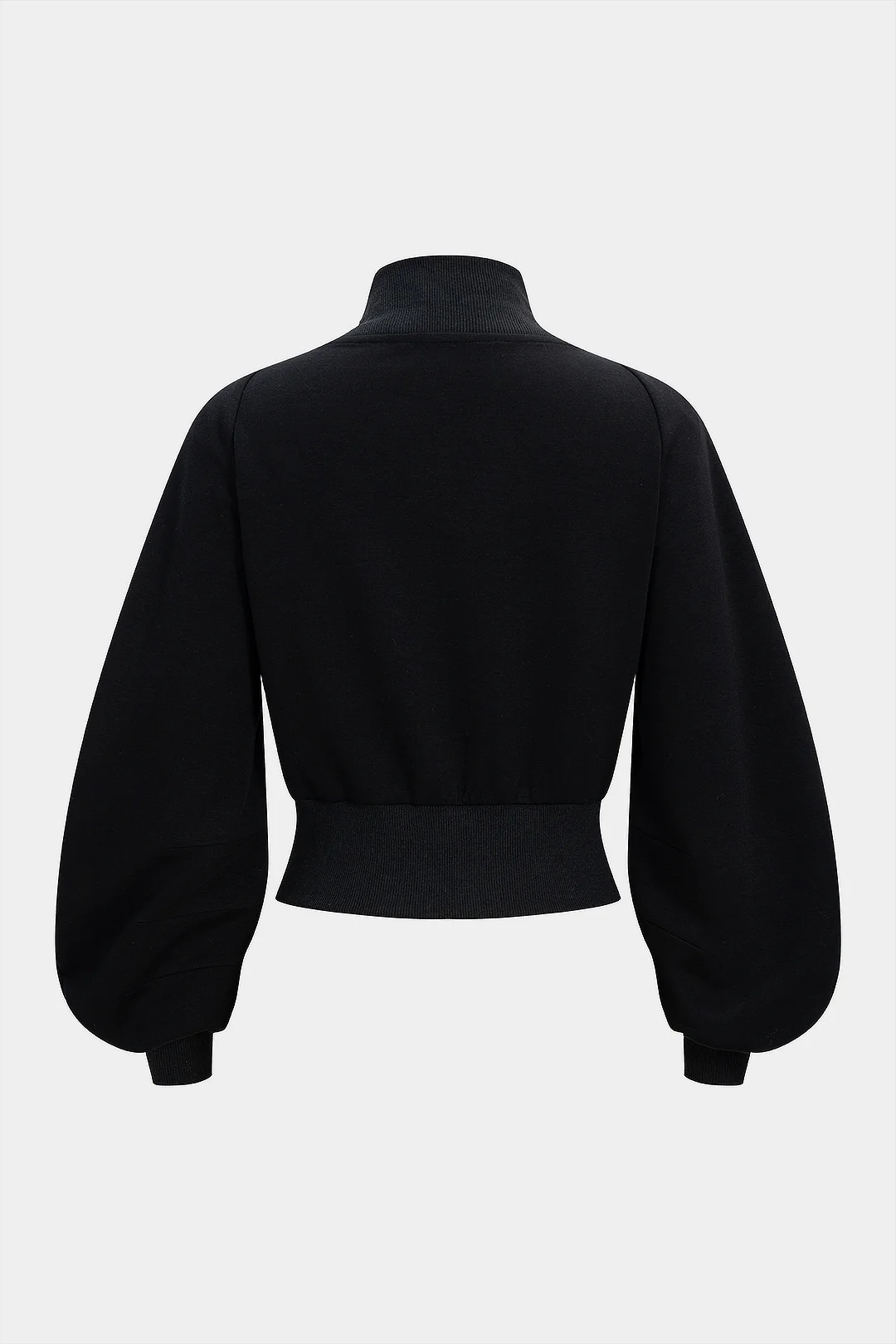 Faux Leather Patchwork V-Neck Zipper Lantern Sleeve Jacket - Weenar