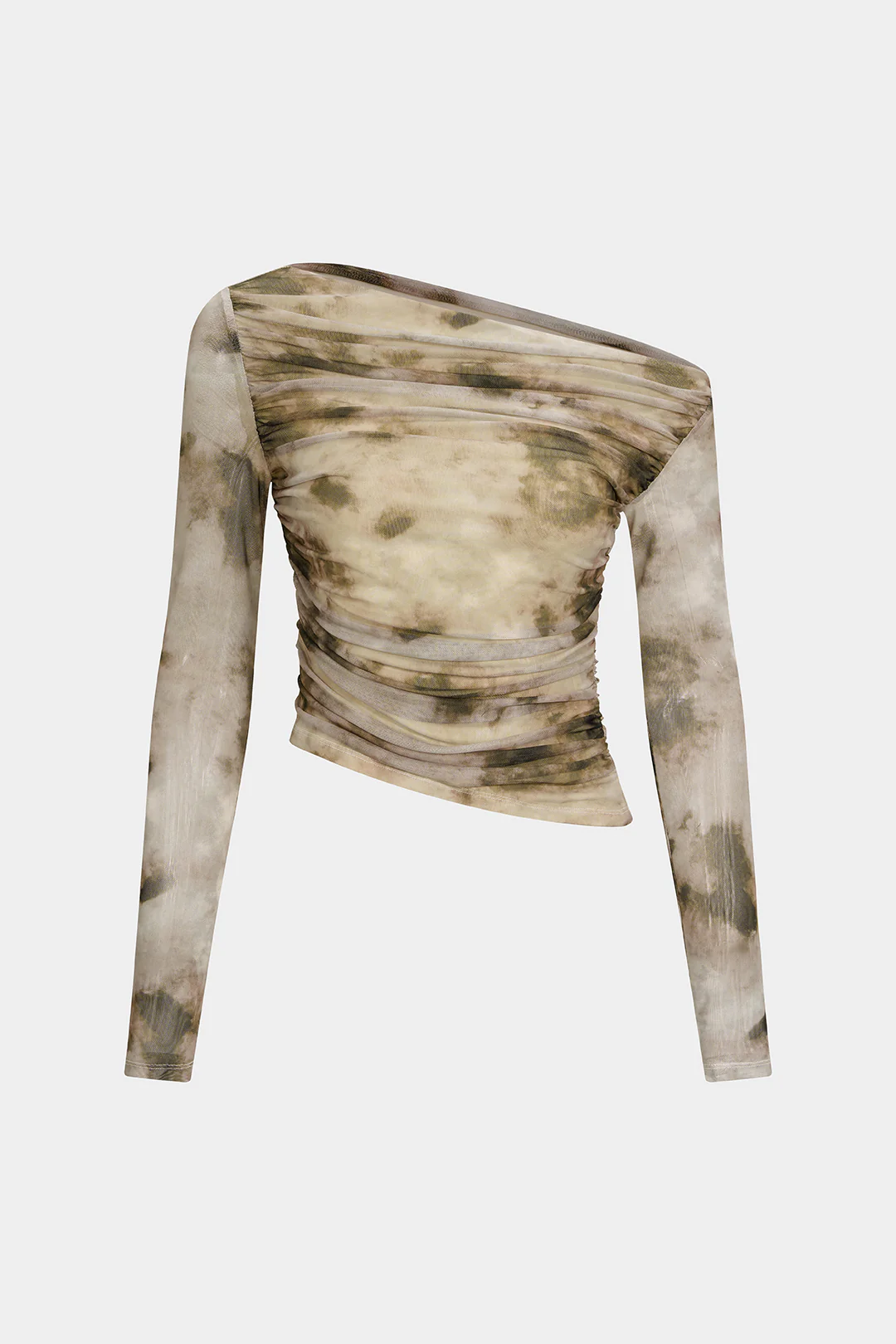 Abstract Print Mesh Off Shoulder Ruched Asymmetrical Long-Sleeve Top - Weenar