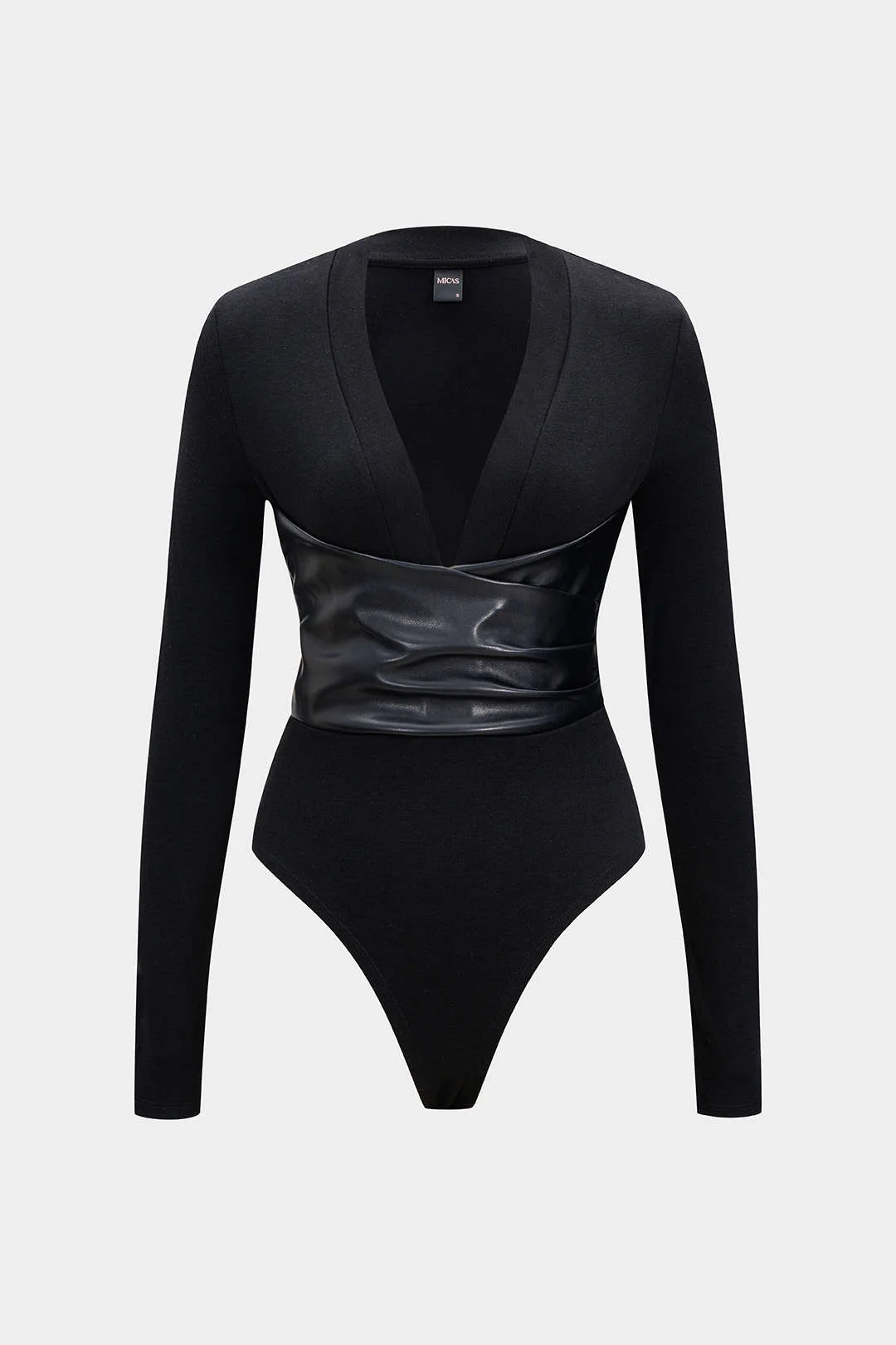 Faux Leather Crossed V-Neck Long Sleeve Bodysuit - Weenar