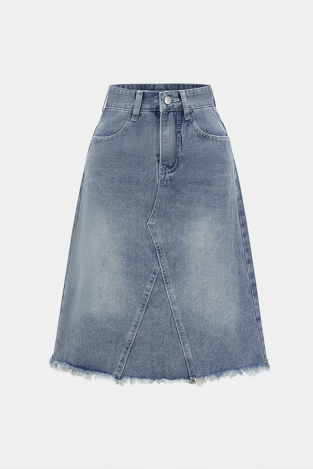 Denim High Waist Belted Frayed Skirt - Weenar