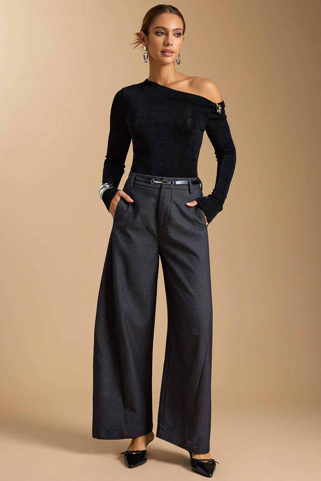 Zipper Belted Wide Leg Trousers - Weenar