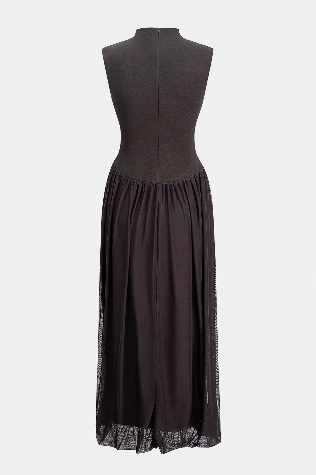 Patchwork Mesh Mock Neck Ruched Sleeveless Midi Dress - Weenar