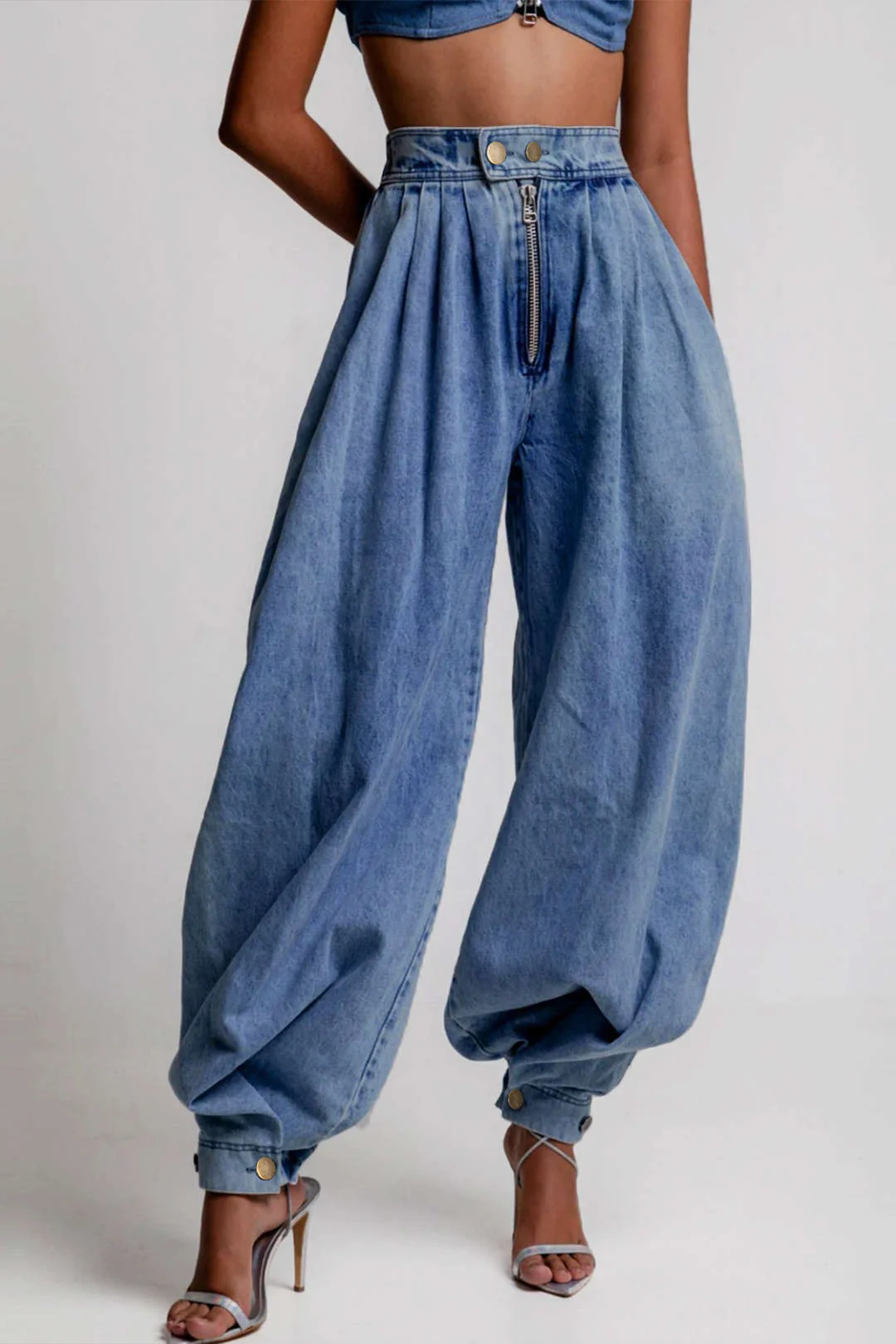Denim High Waist Zipper Barrel Balloon Jeans - Weenar