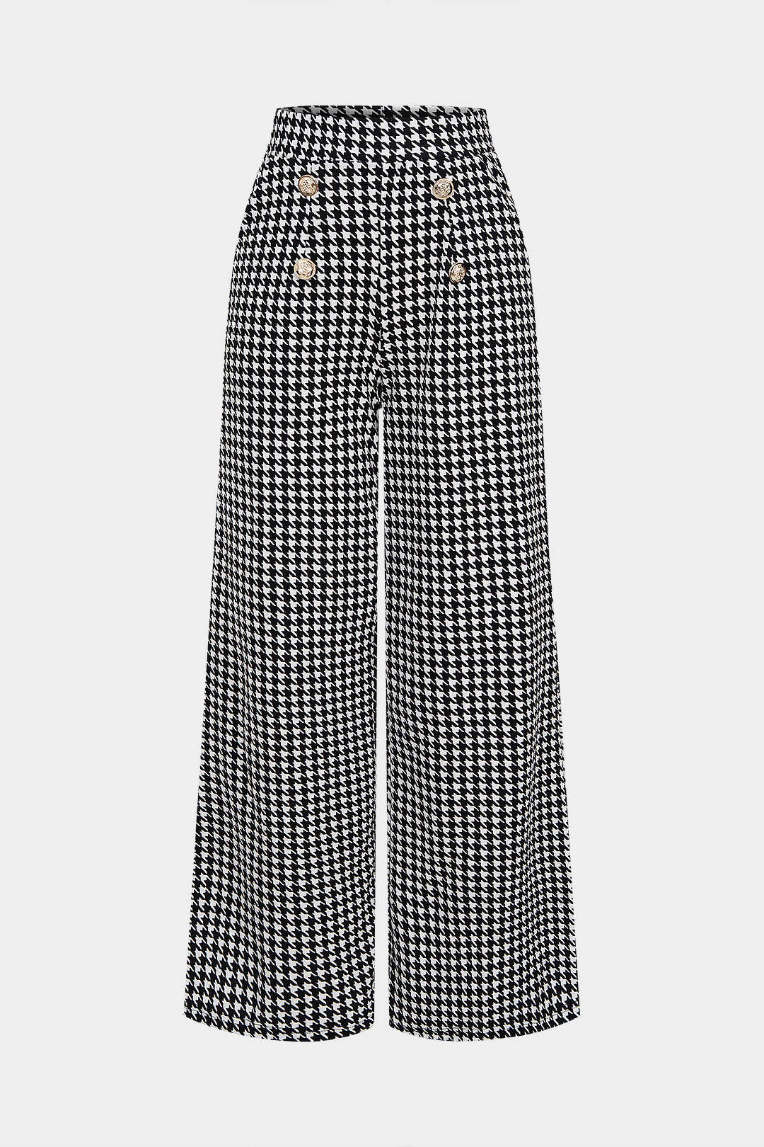 Houndstooth Print High Waist Button Wide Leg Pants - Weenar
