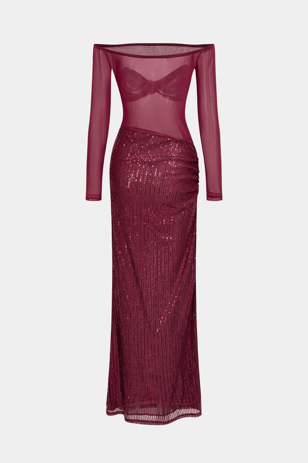 Mesh Patchwork Sequin Off Shoulder Ruched Long Sleeve Maxi Dress - Weenar