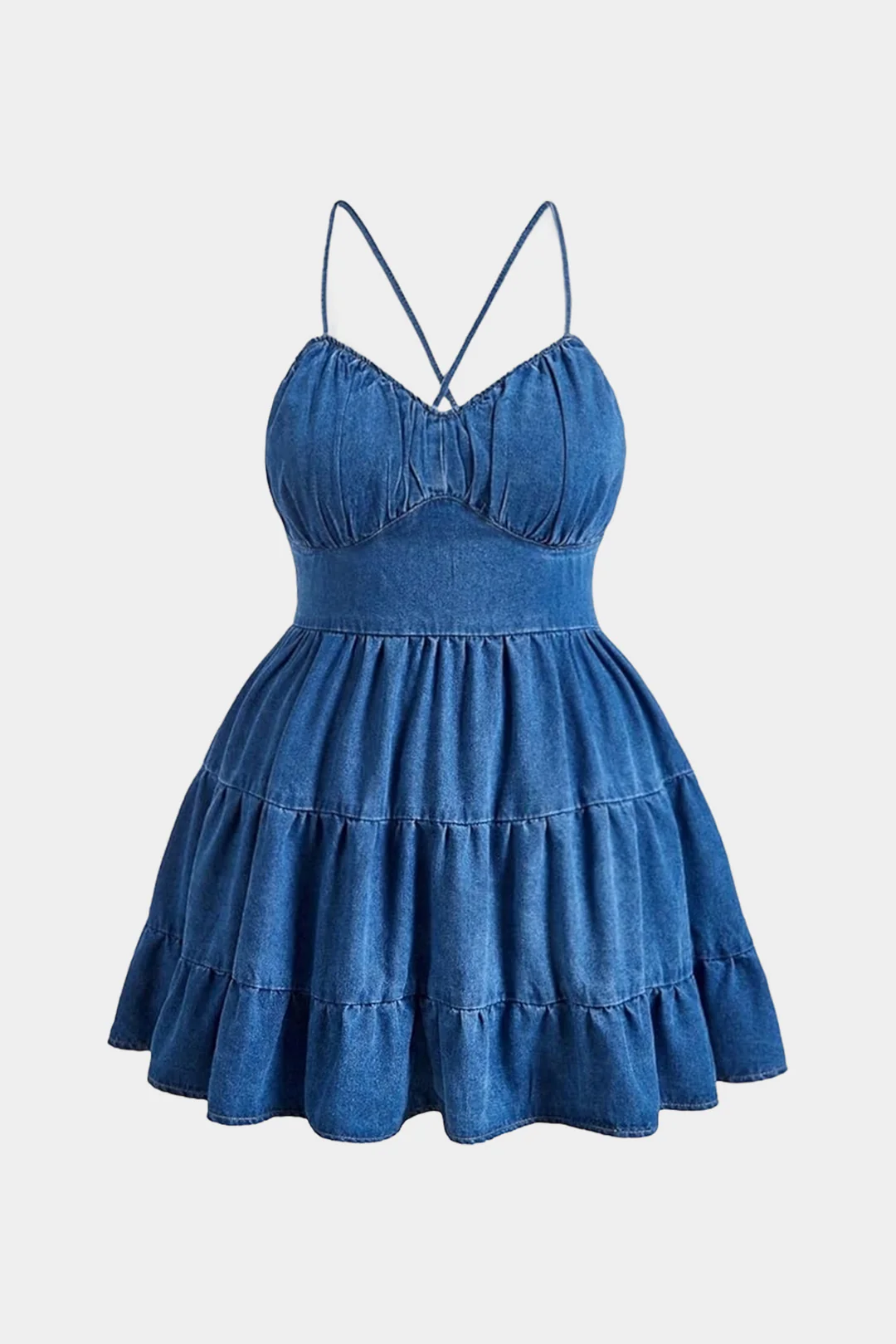Plus Size Denim Crossed Blackless Ruched Sleeveless Dress - Weenar