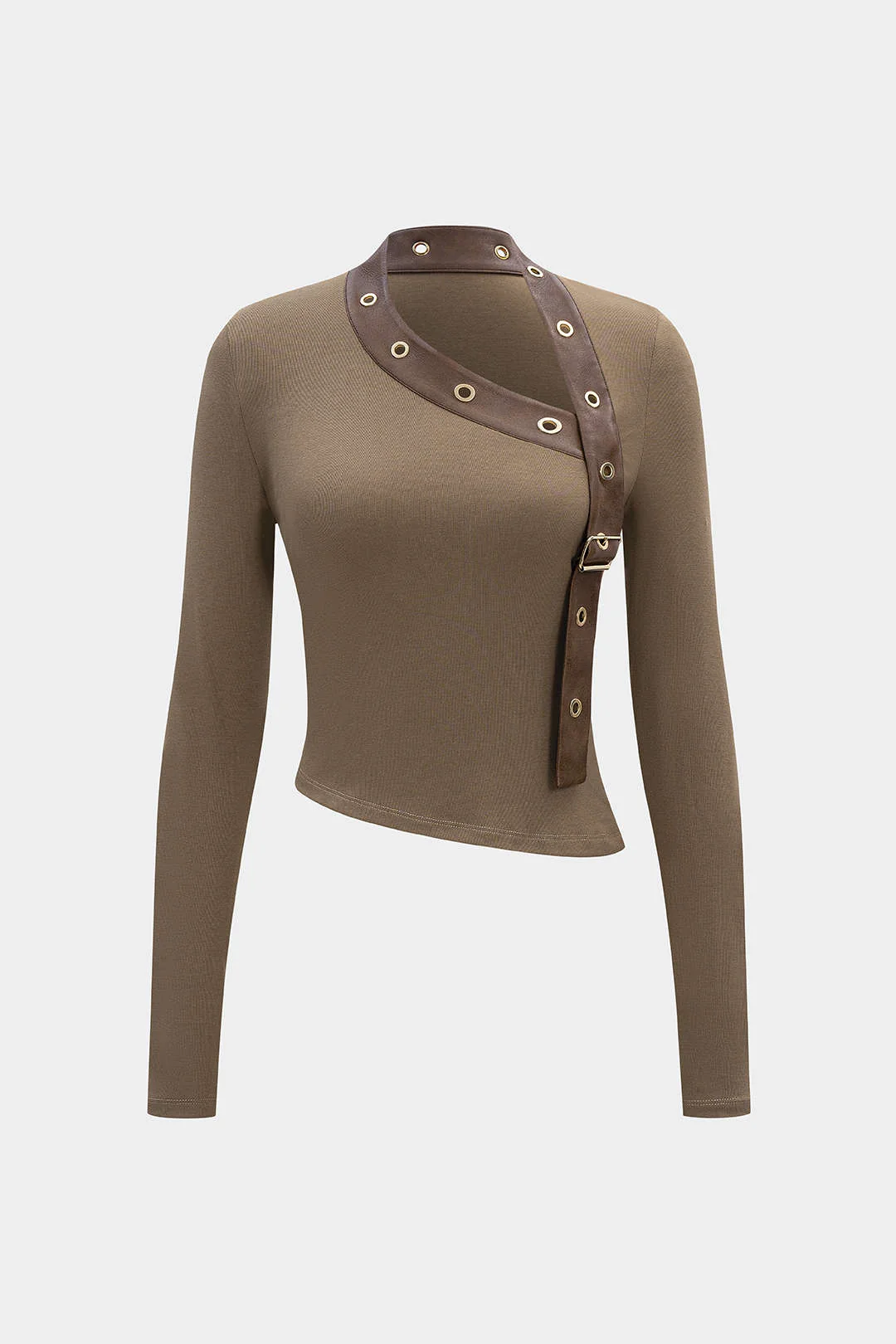 Faux Leather Metallic Asymmetrical Long-Sleeve Top - Weenar