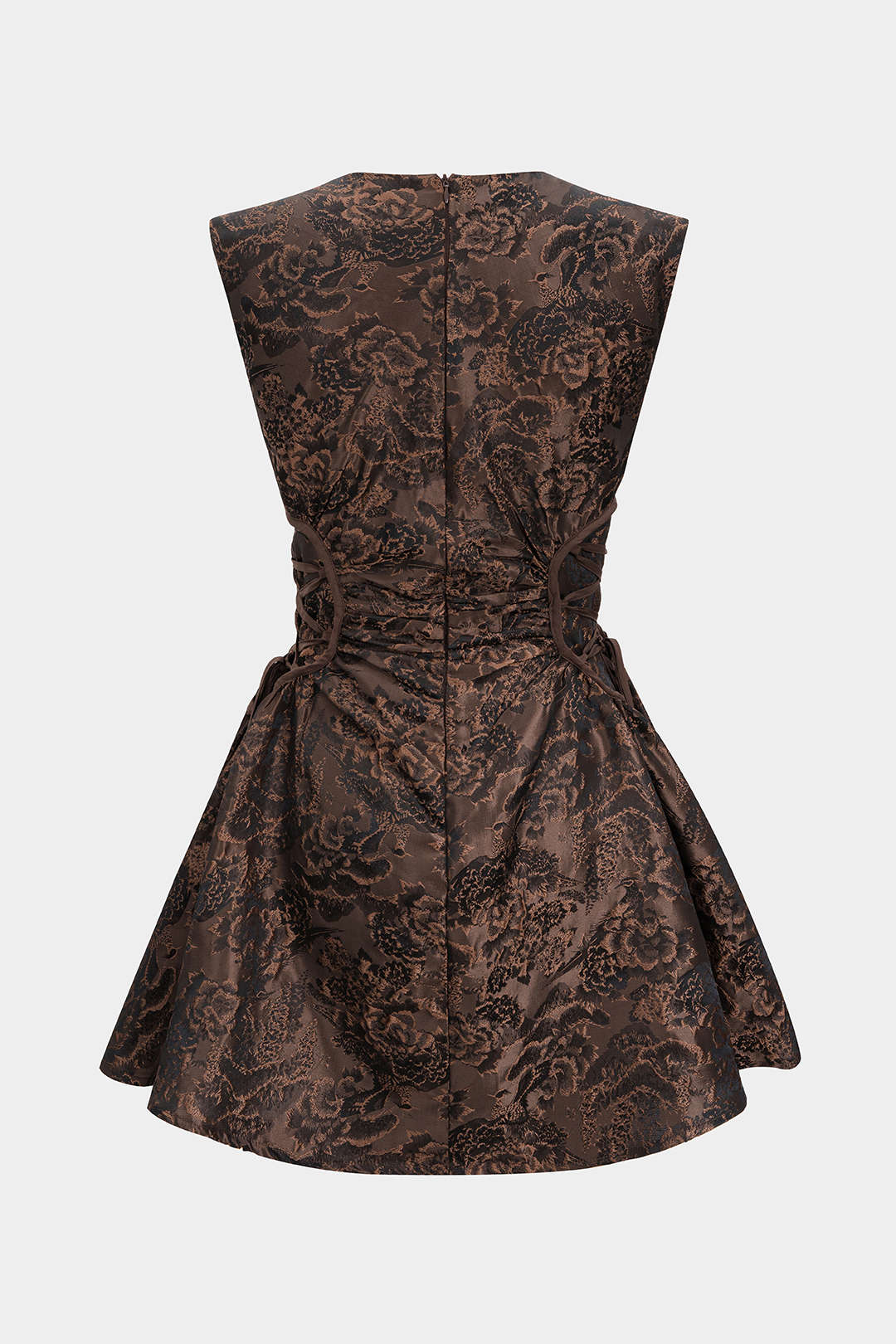 Jacquard Ruched Drawstring V-Neck Zipper Sleeveless Mini Dress - Weenar