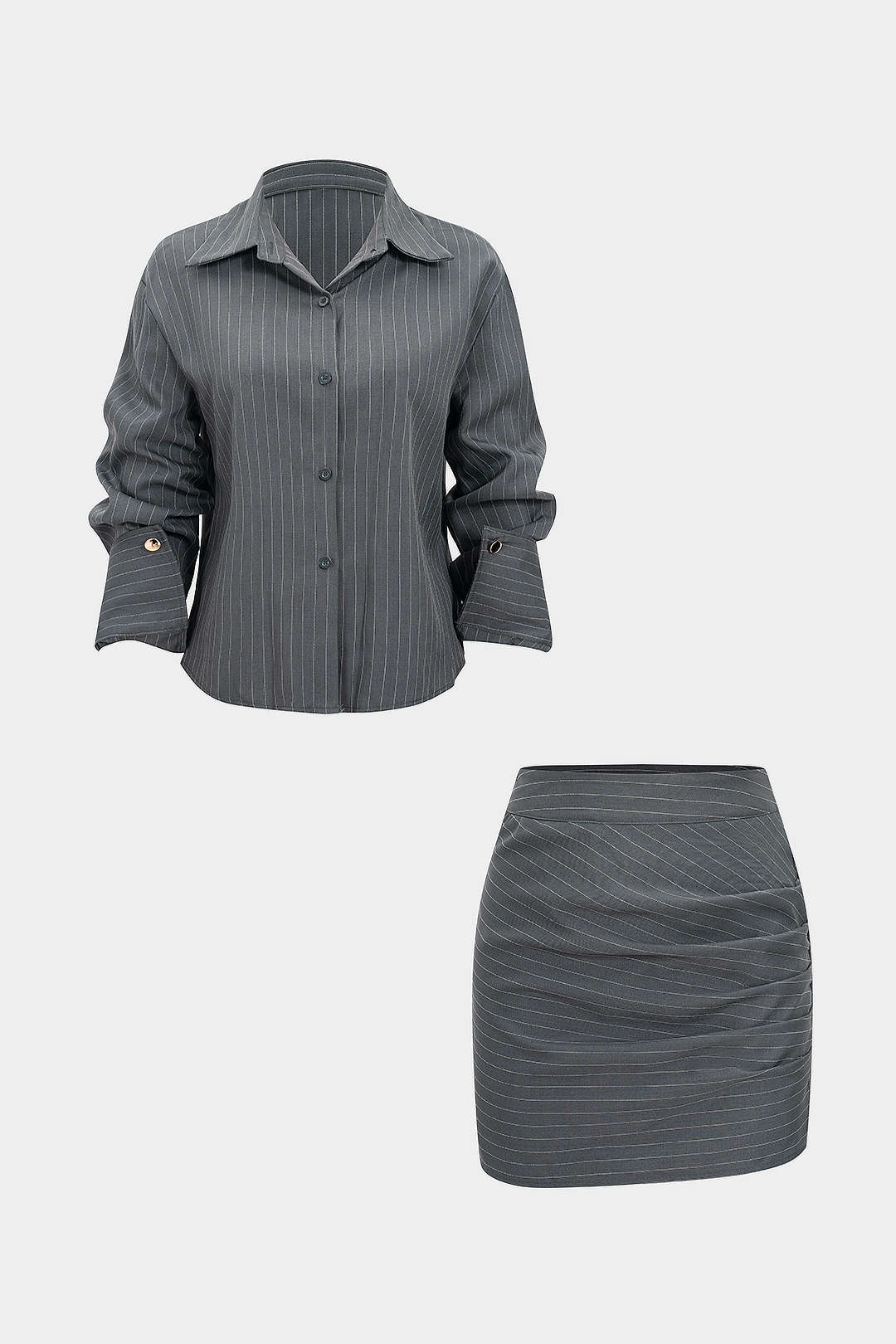 Stripes Print Button Long-Sleeve And Ruched Mini Skirt Set - Weenar