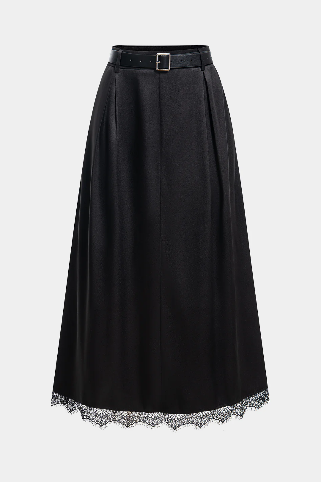 Satin Patchwork Lace Trim Belted High Waist Skirt - Weenar