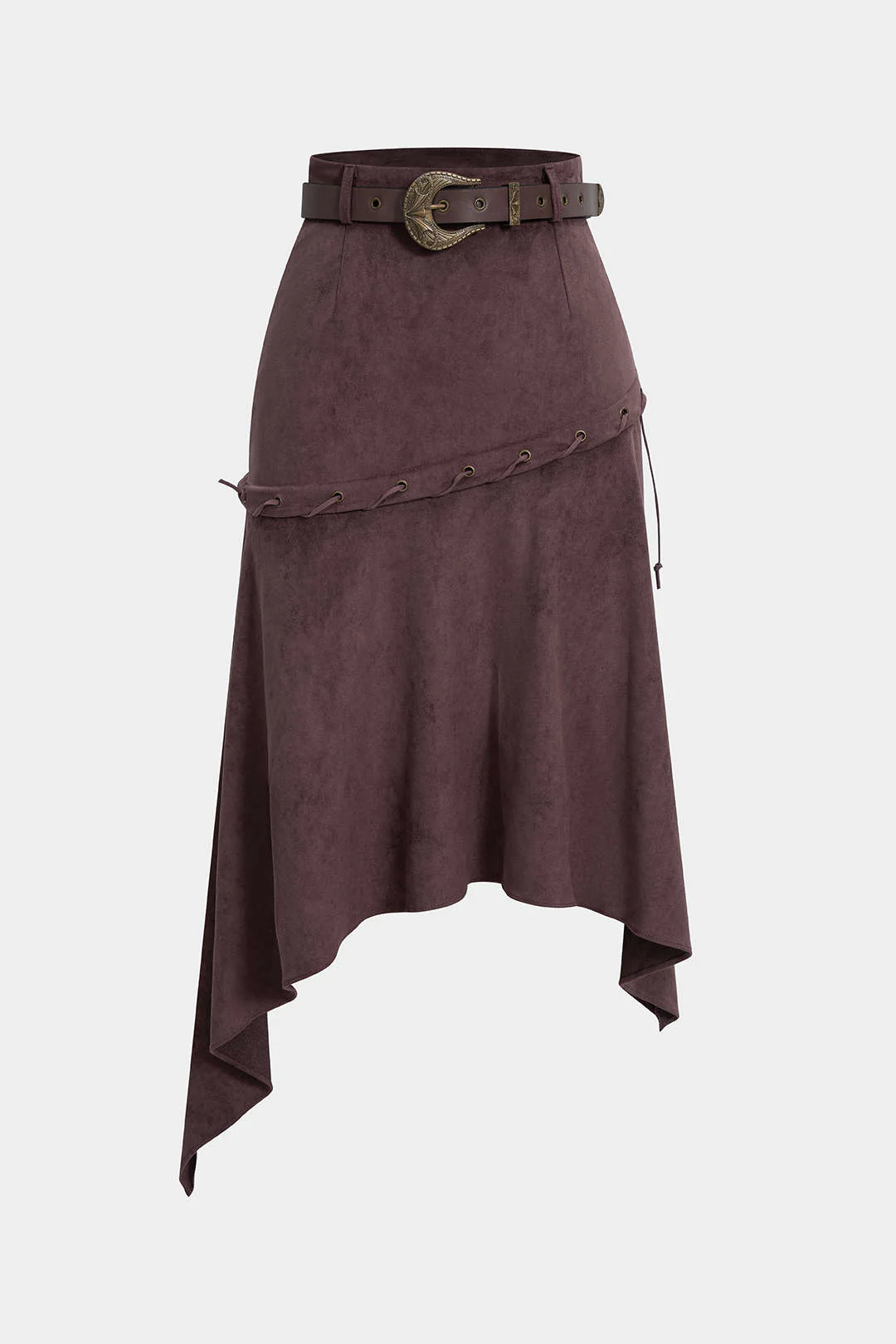 Suede Belted Irregular Hem High Waist Skirt - Weenar