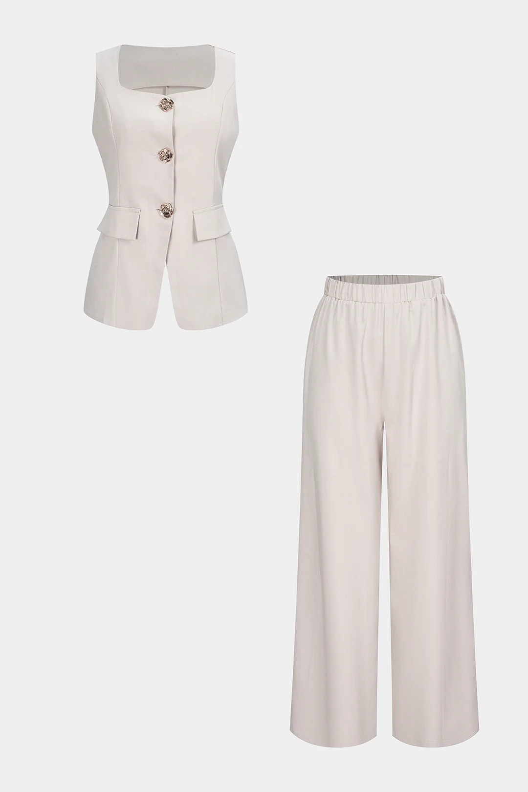 Square Neck Metallic Button Tank Top And Wide Leg Pants Set - Weenar