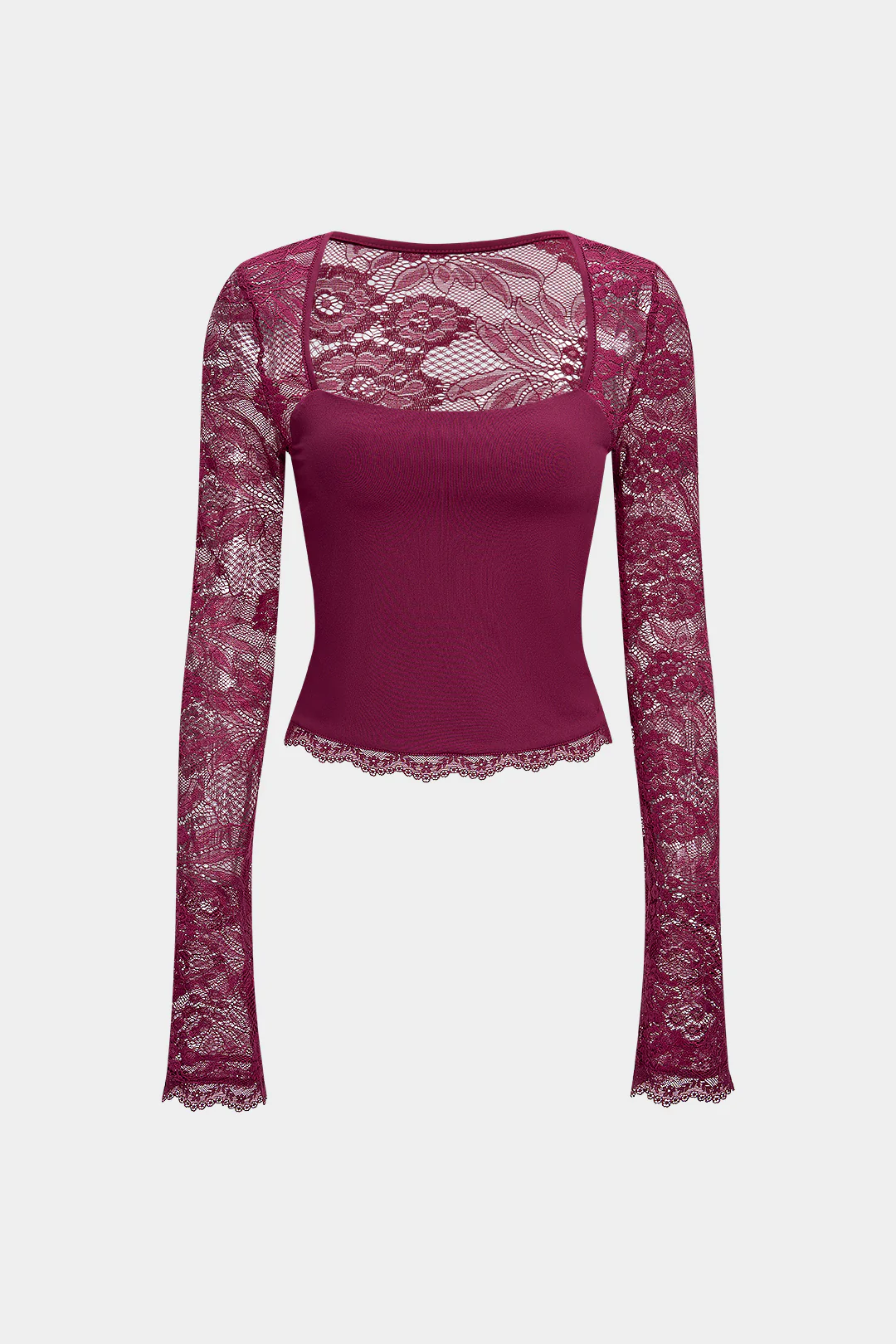 Lace Patchwork Cut Out Long-Sleeve Top - Weenar
