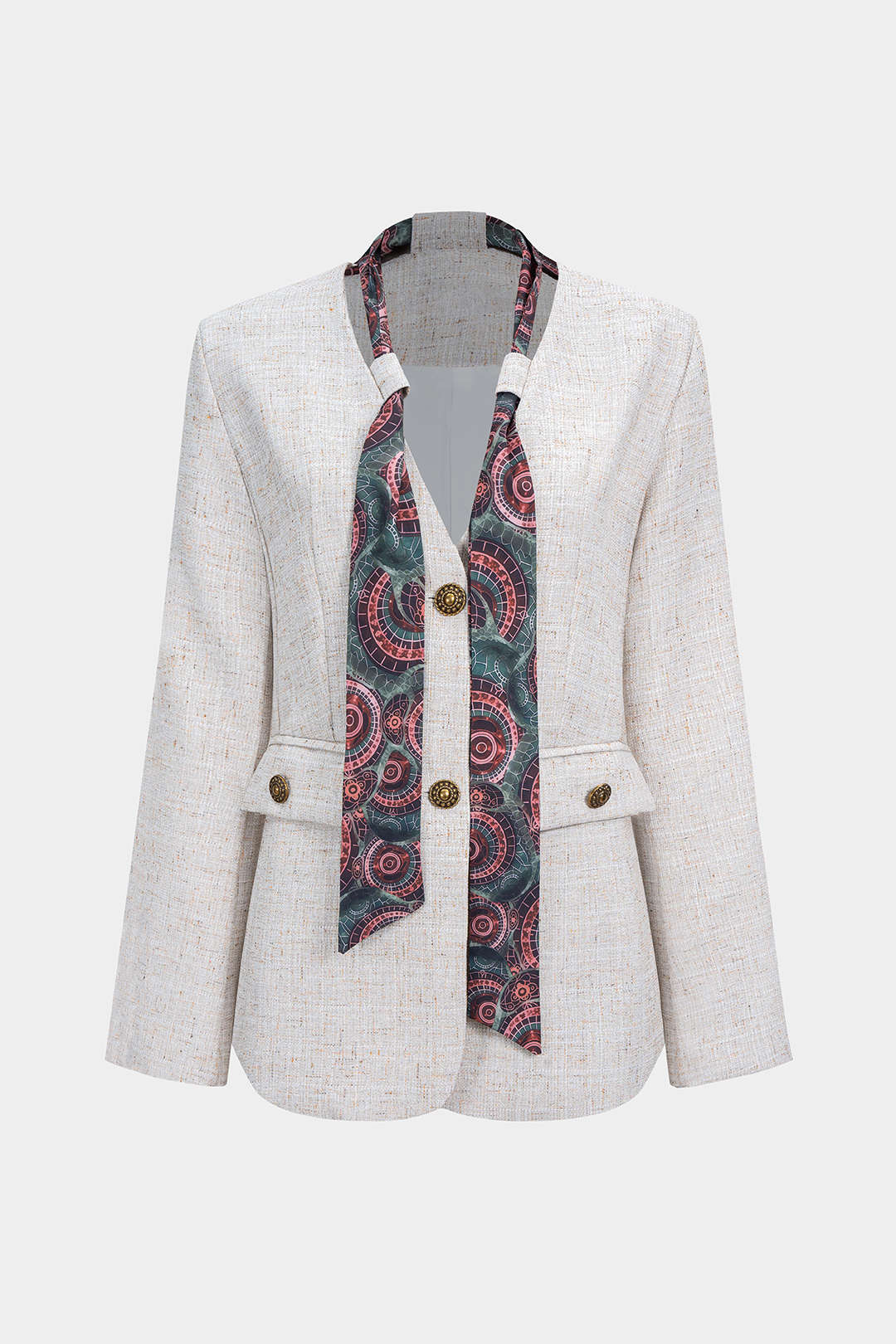 V-Neck Button Long Sleeve Blazer With Scarf - Weenar