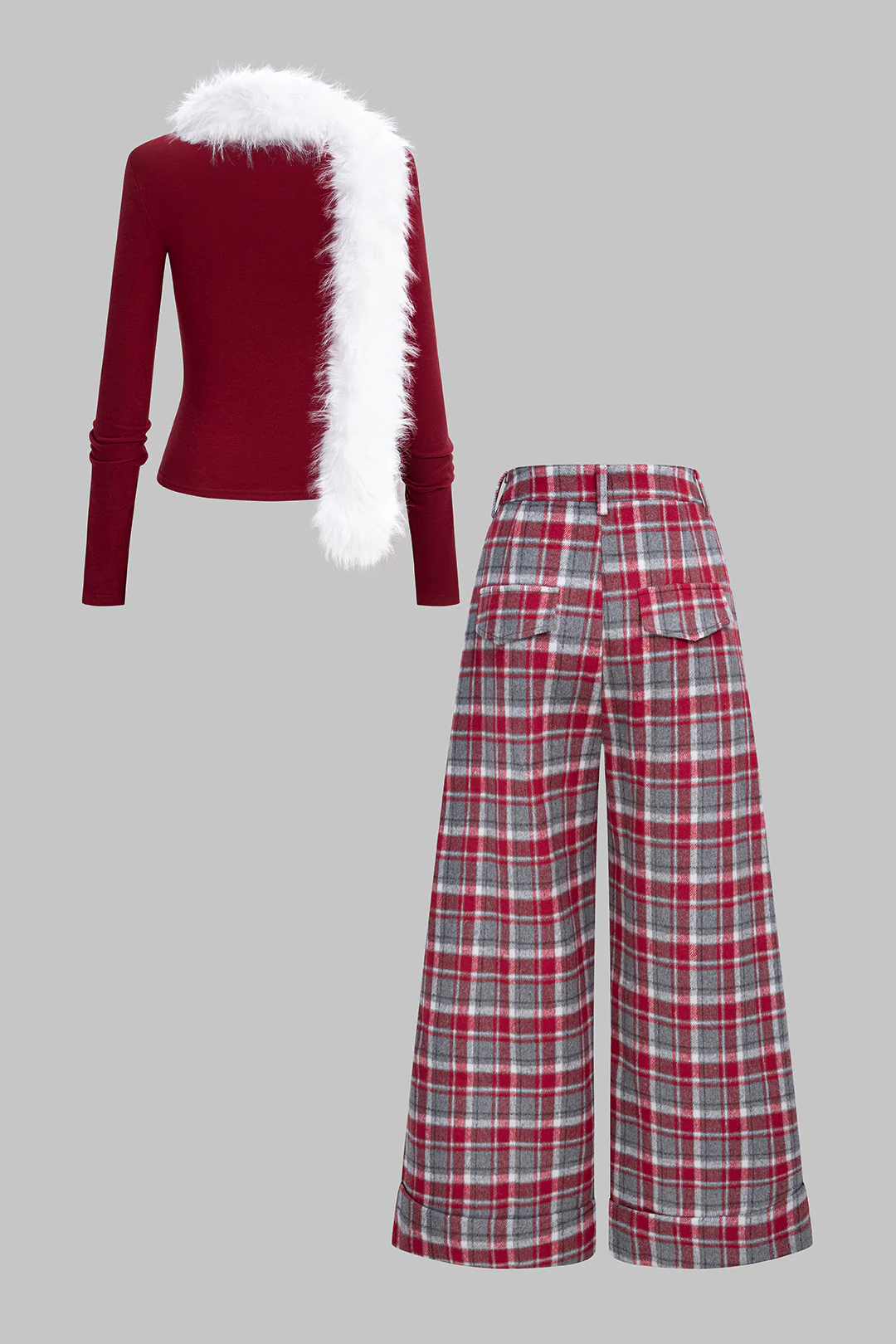 Solid V-Neck Long Sleeve Top And Plaid Print Wide Leg Pants Set With Scarf - Weenar