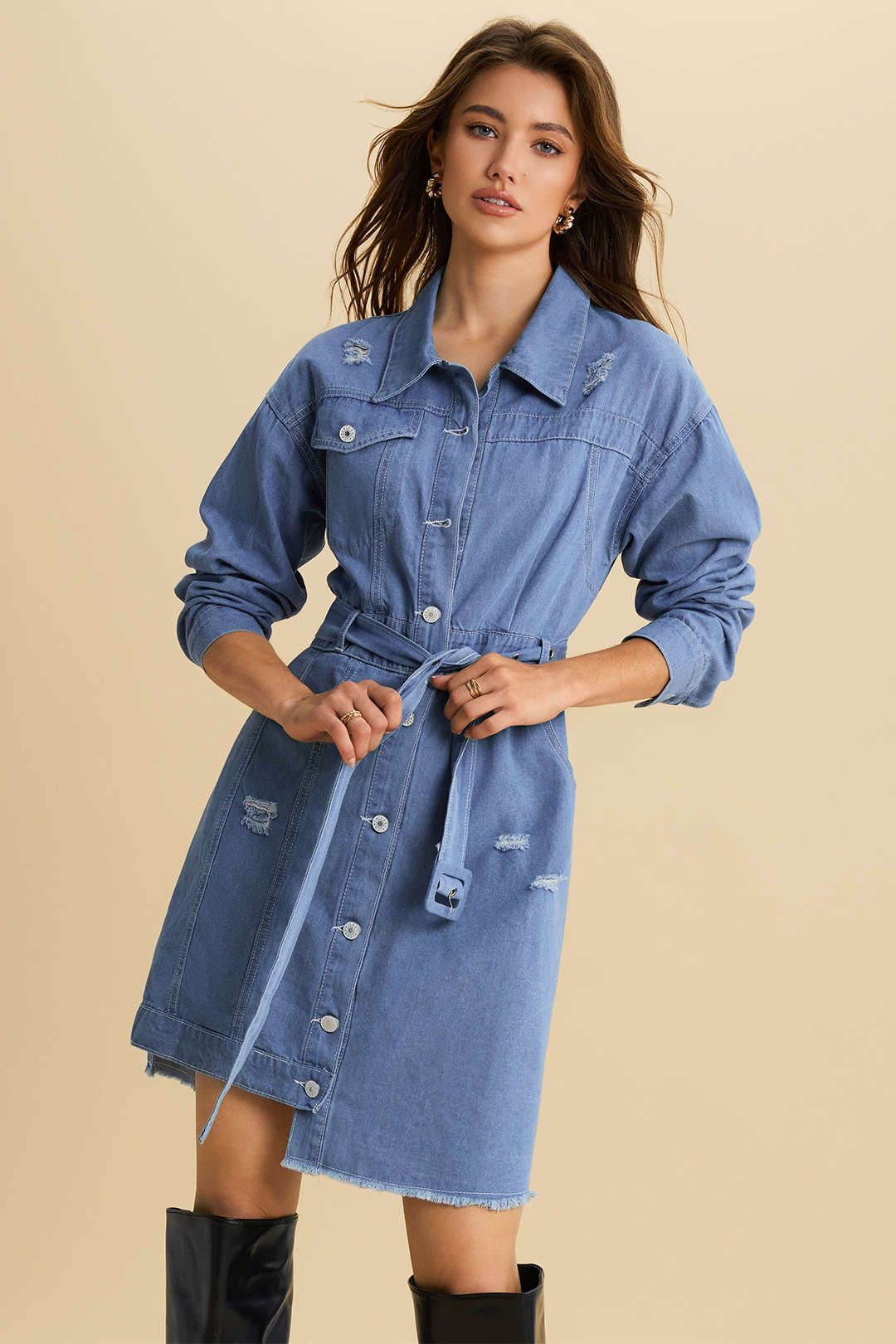 Denim Tie Front Long Sleeve Dress - Weenar